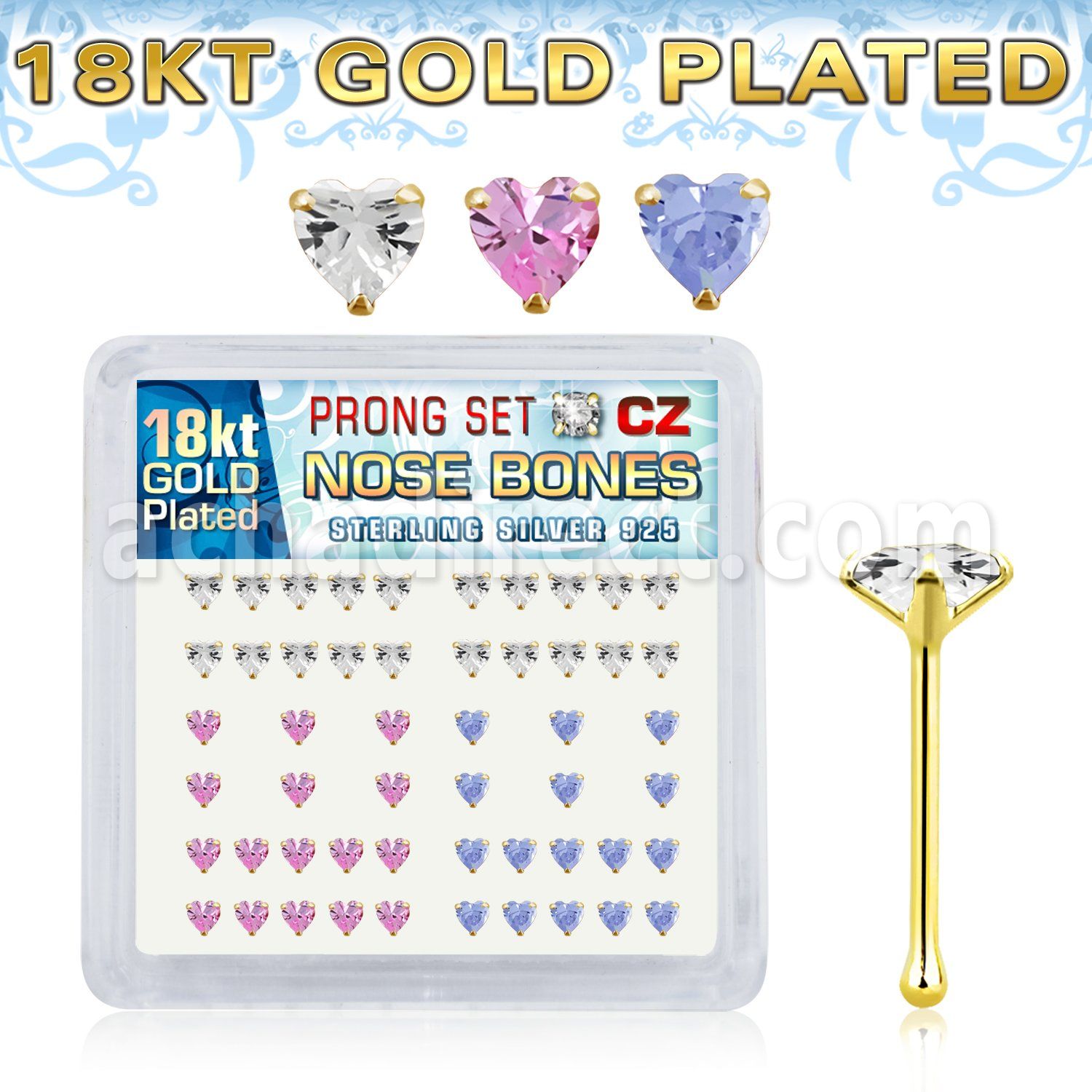 nbzhmg 18k gold plated silver nose bones prong cz heart