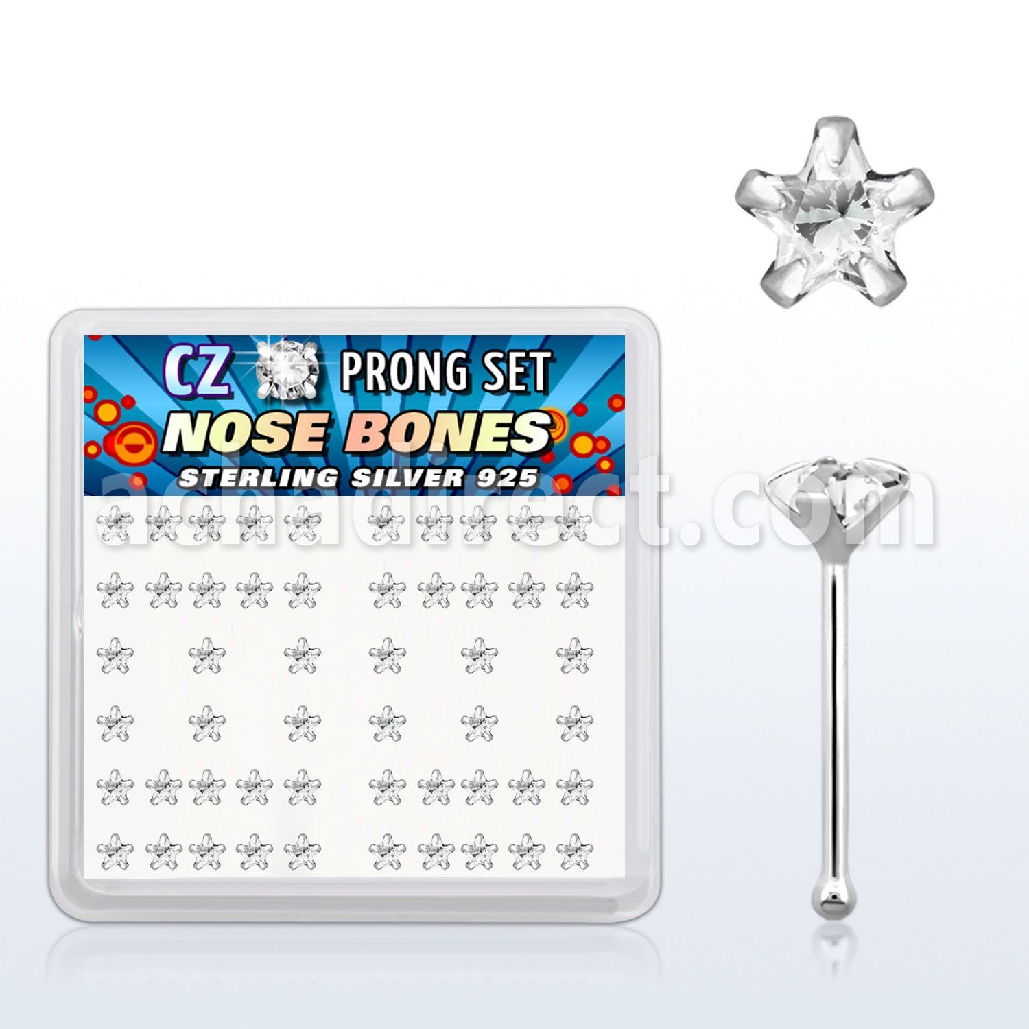 nbzsc caja display piercing nariz hueso plata esterlina 925 0 6mm zirconia claras estrella 3mm mayorista