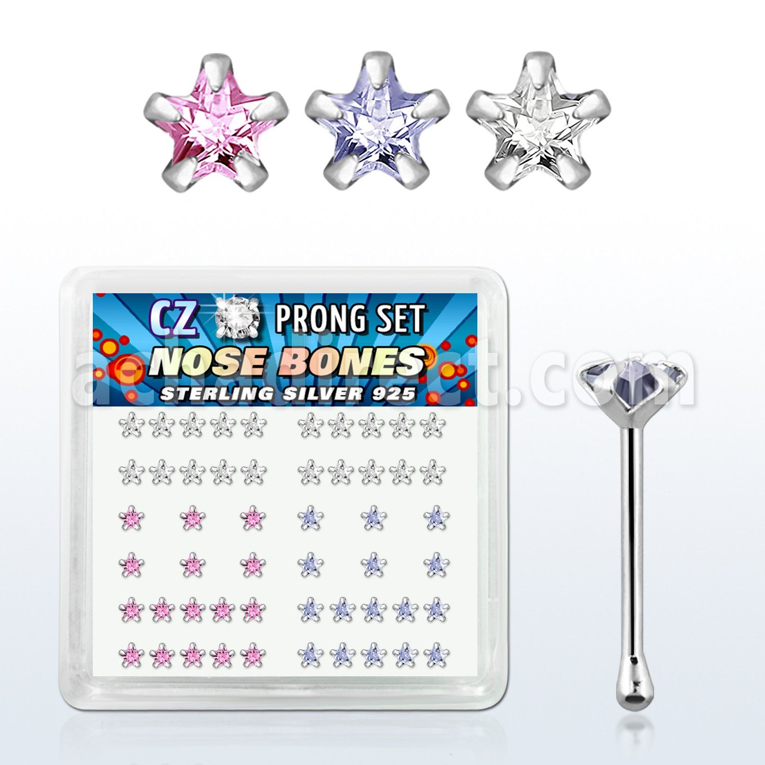 nbzsm caja display piercing nariz hueso plata esterlina 925 0 6mm zirconia estrella 3mm mayorista