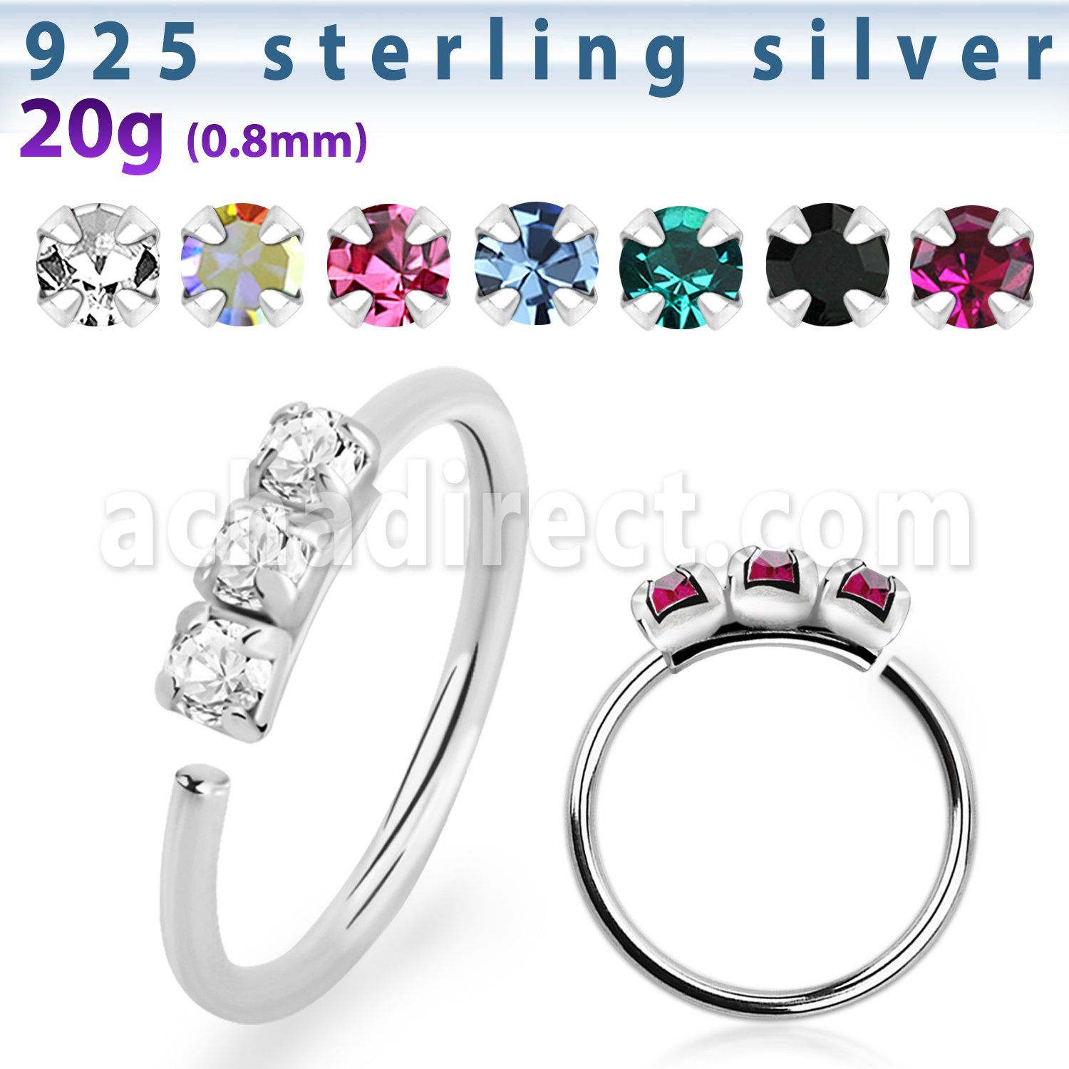 nham 925 silver seamless nose ring 1.5mm prong set color crystals