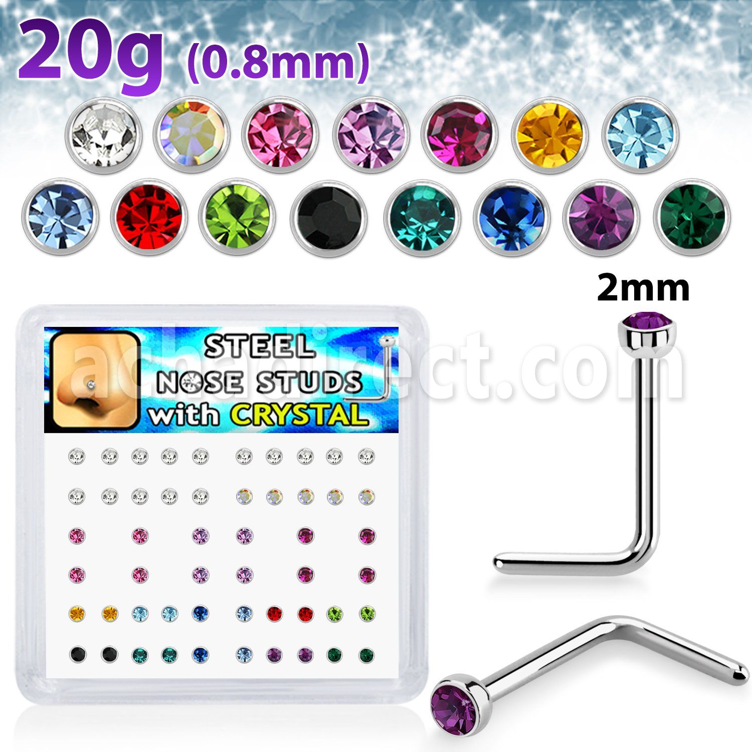 nlc20xm 316l steel nose studs round crystal tops assorted