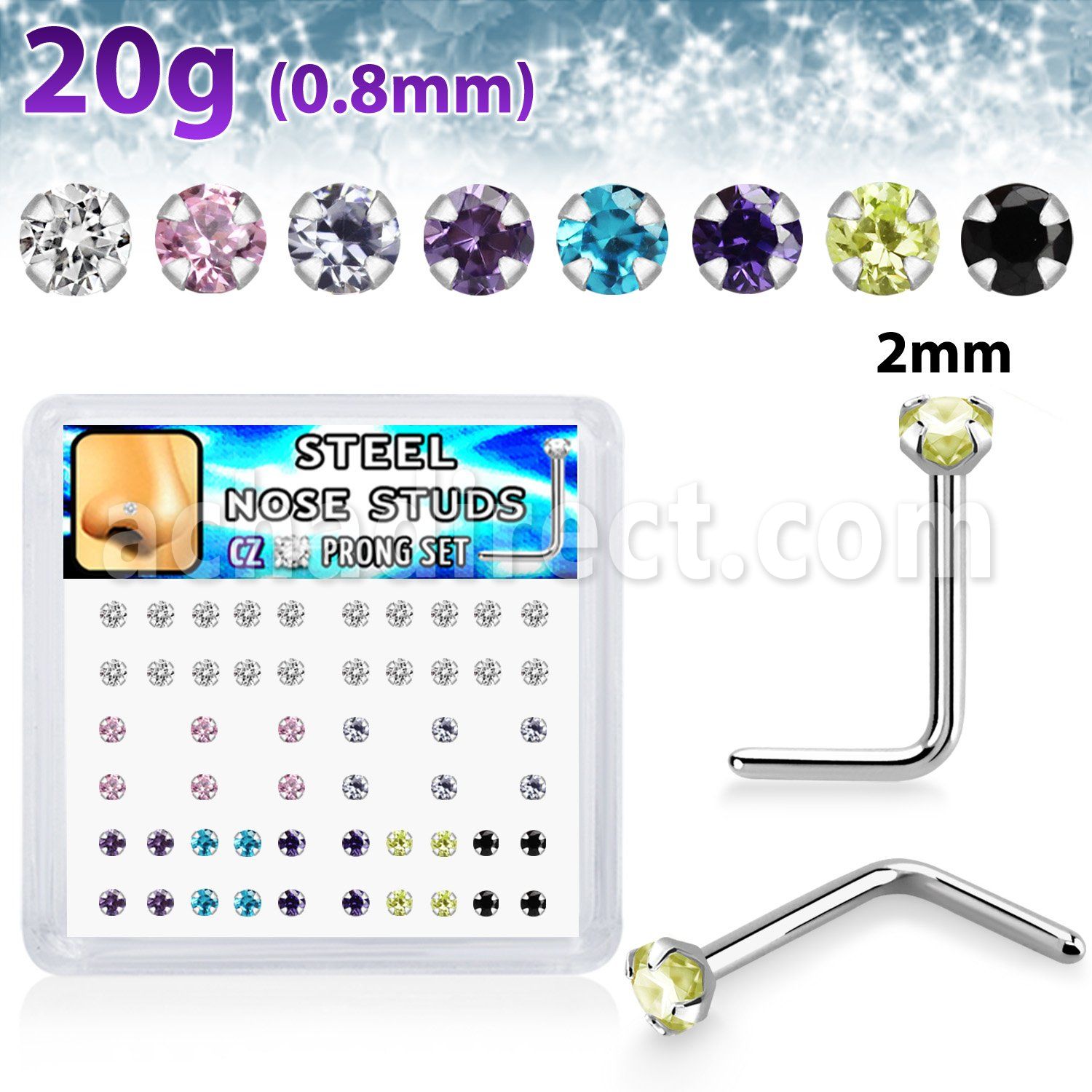 nlzr2xm 316l steel nose studs prong set round cz assorted