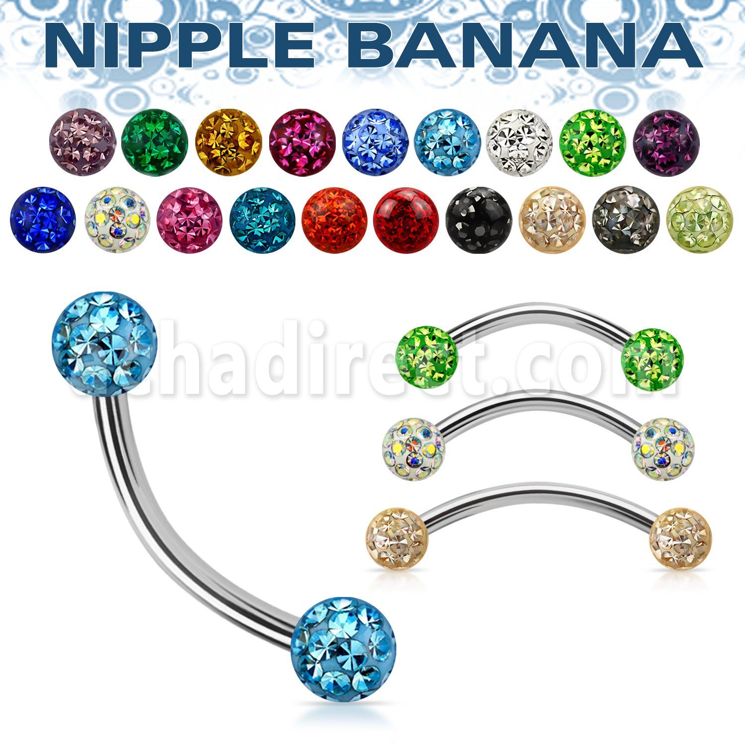 npbnfr5 surgical steel nipple banana 5mm multi crystal ferido balls resin cover