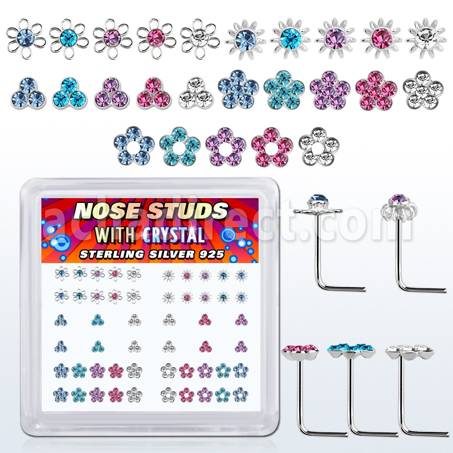 nsbxm7m display caja unidades piercing nariz plata esterlina parte superior flores variadas cristales colores variados