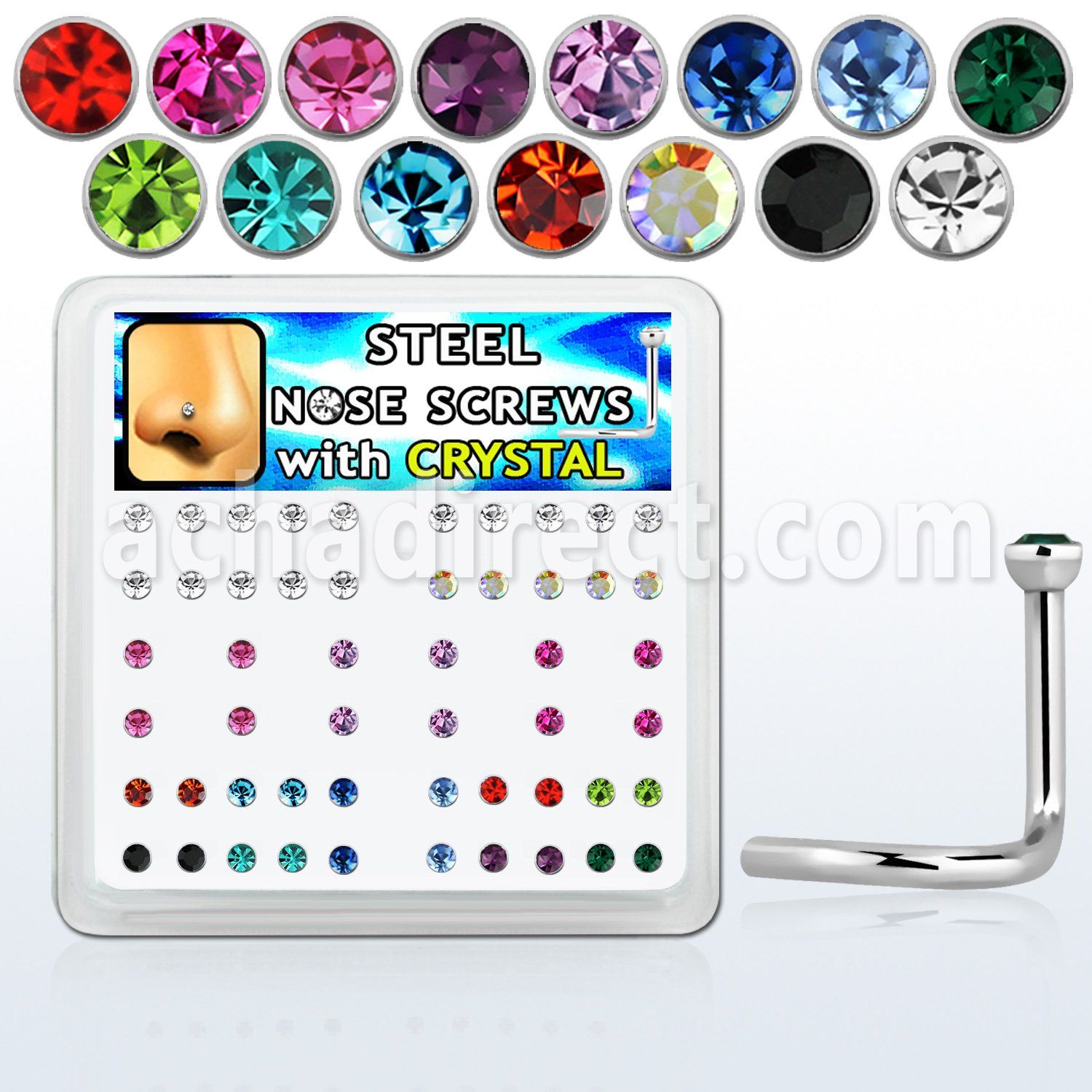 nsc18xm caja piercing nariz l acero 316l 1mm cristal redondo 2mm mayorista