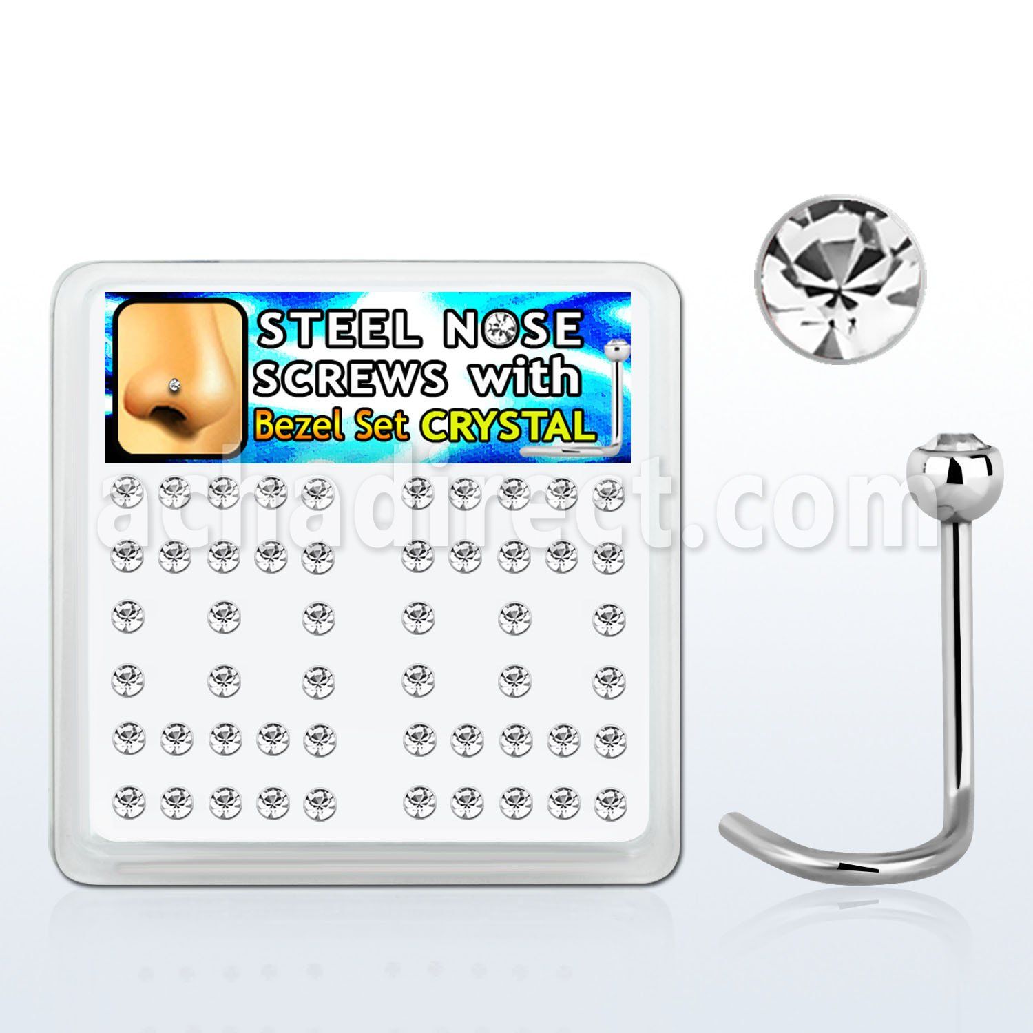 nscb25xc caja piercing nariz l acero 316l redonda 2 5mm cristal claros bisel distribuidor mayorista