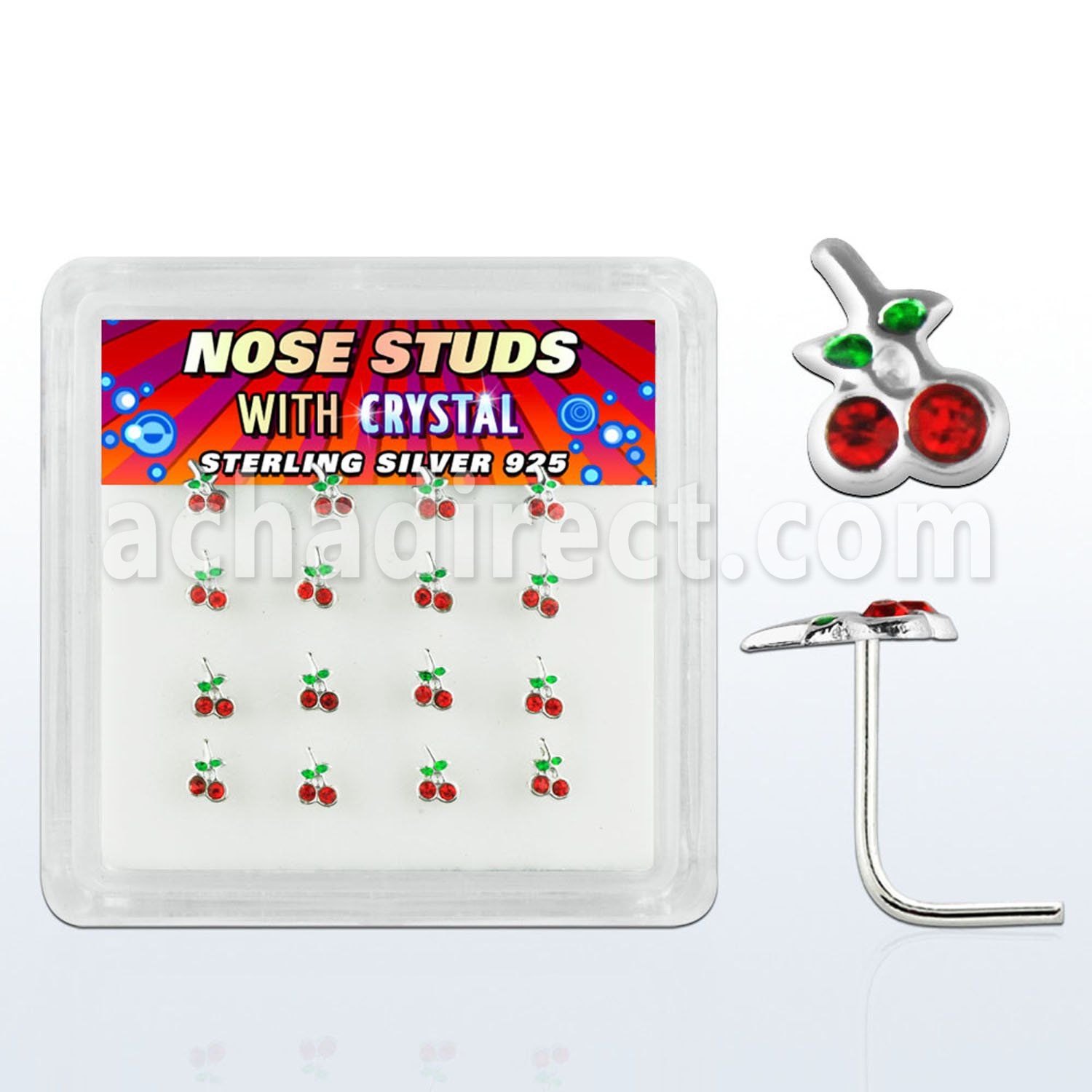 nsch16 caja 16 piercing nariz l plata esterlina 925 0 6mm cerezas cristal rojas 1 4mm hojas esmalte verde mayorista