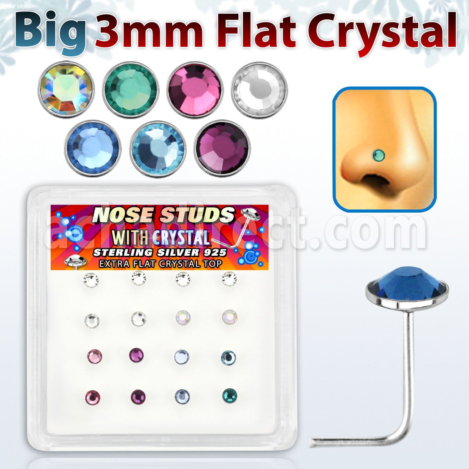 nsfb16m caja display 16 piercing nariz l plata esterlina 925 0 6mm cristal redondo 3mm extra plano mayorista