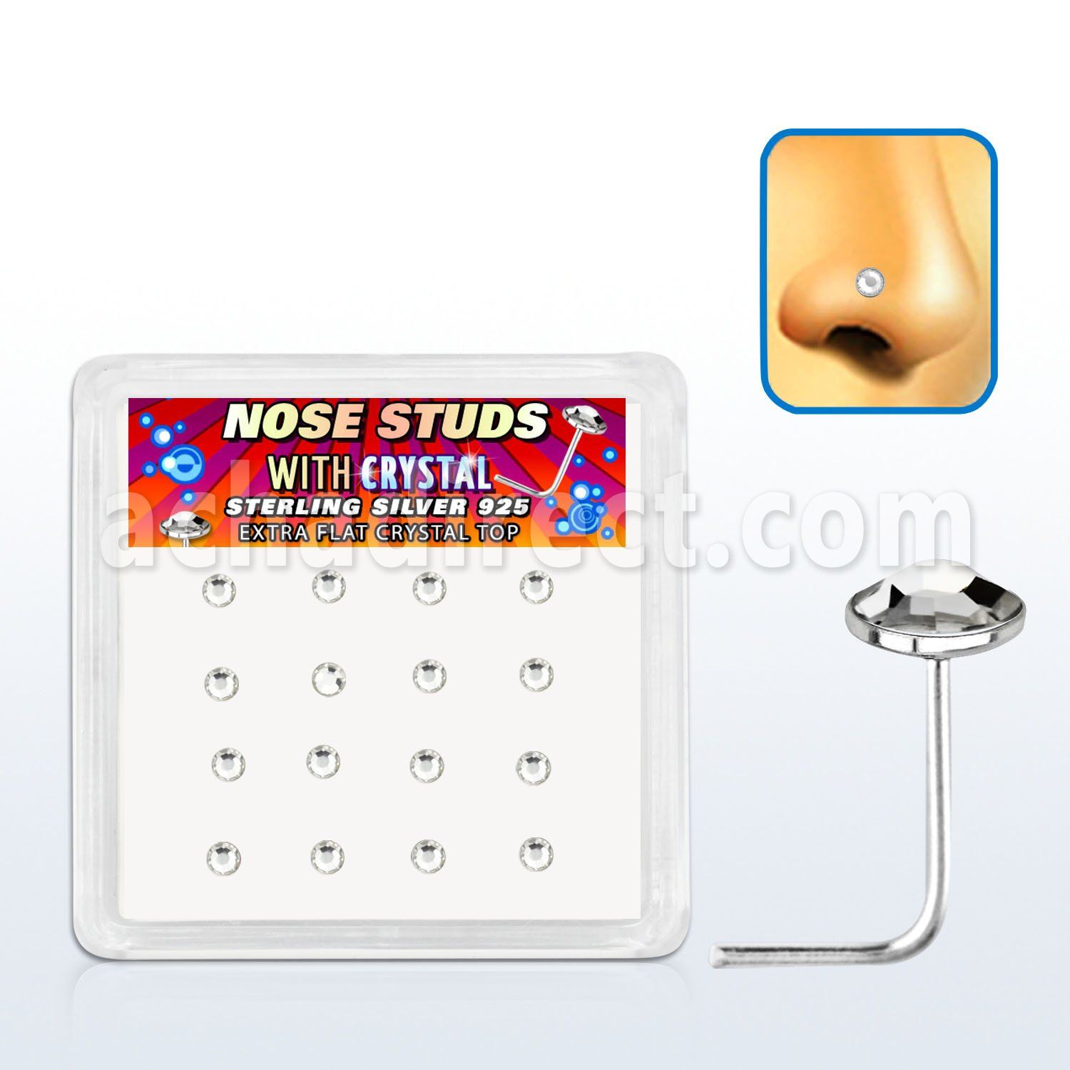 nsfbs16c caja display 16 piercing nariz l plata esterlina 925 0 6mm cristal claro 2 5mm redondo extra plano al por mayor