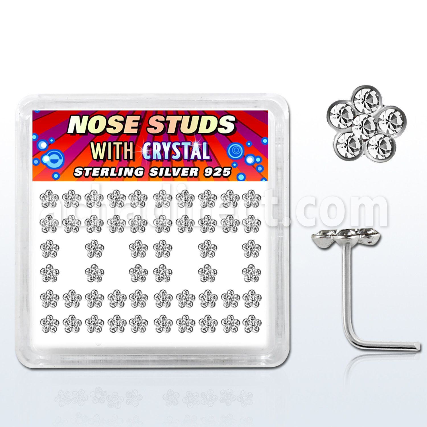 nsflbxc caja display piercing nariz l plata esterlina 925 0 6mm flor cristal claro 1mm mayorista