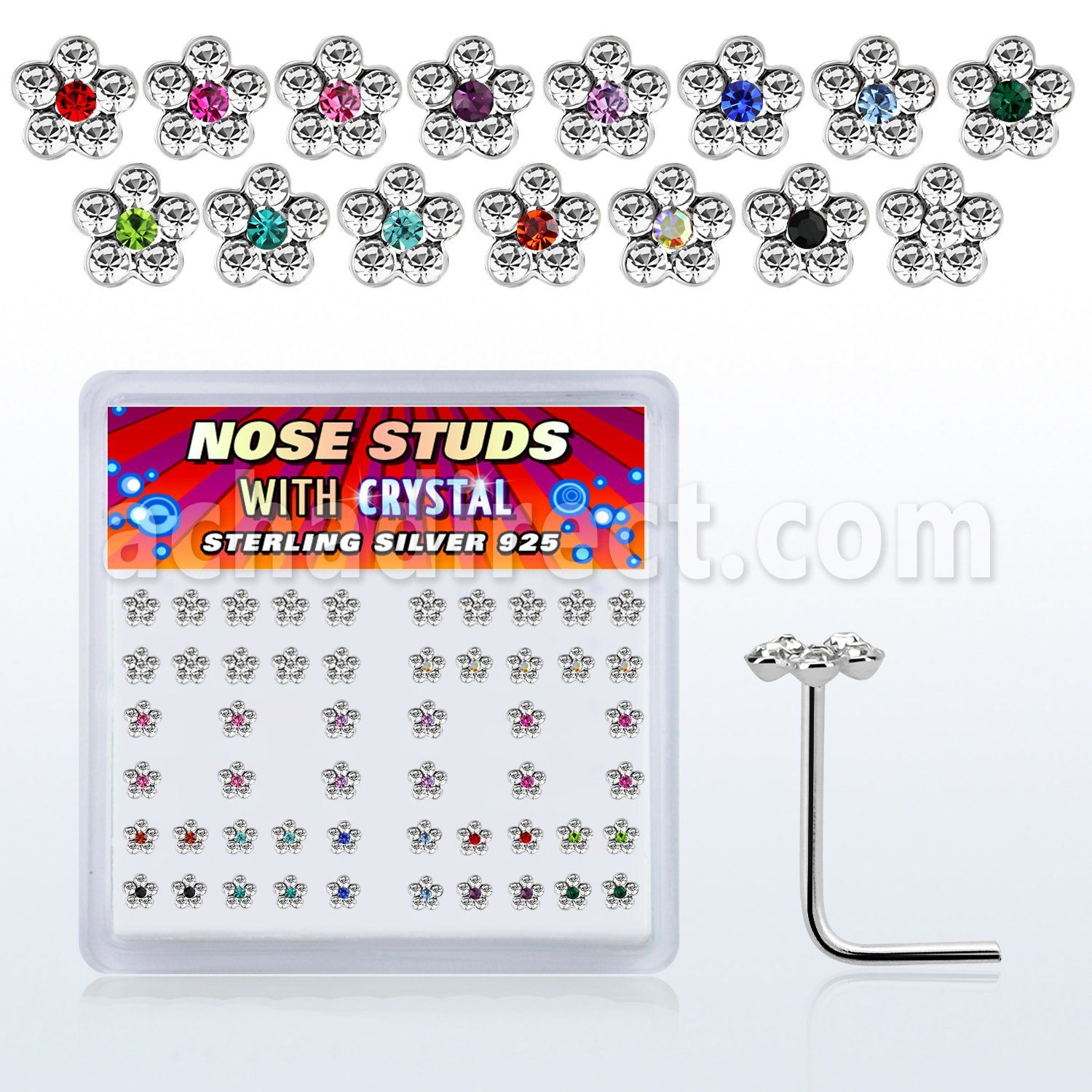 nsflbxs2 caja display piercing nariz plata esterlina 925 0 6mm flores cristal claro centro cristal varios colores distribuidor mayorista