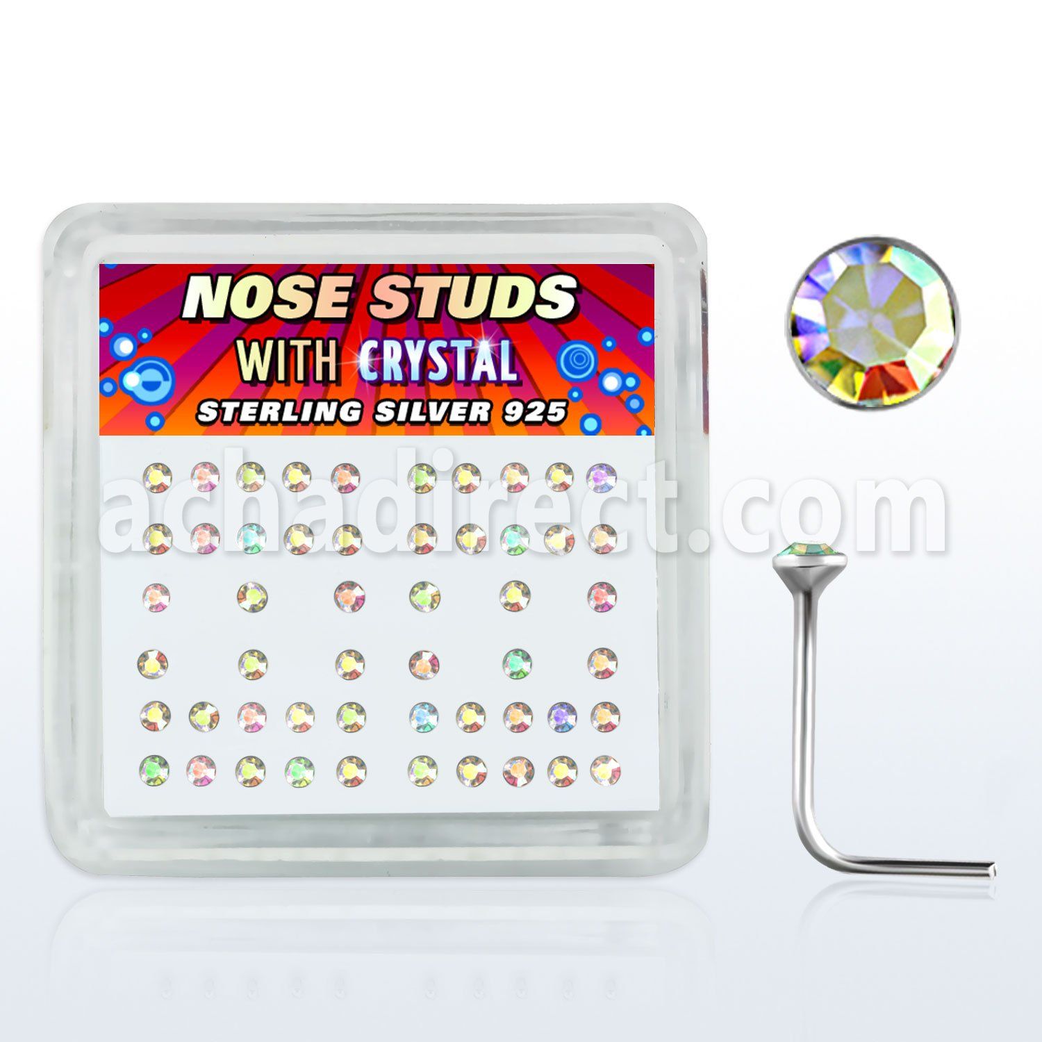nsrdbxab caja display piercing nariz l plata esterlina 925 0 6mm cristal claro recubrimiento ab 1 5mm al por mayor