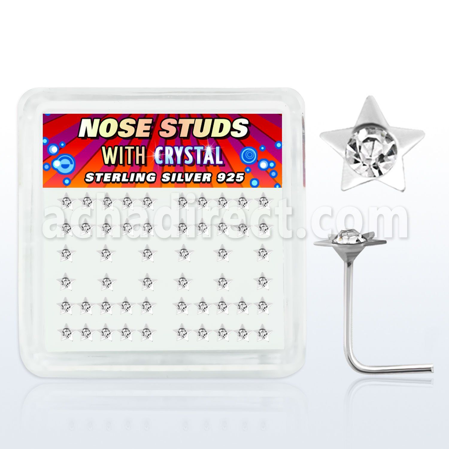 nssarbxc caja display piercing nariz l plata esterlina 925 0 6mm estrella plata lisa 3mm cristal centro claro redondo al por mayor