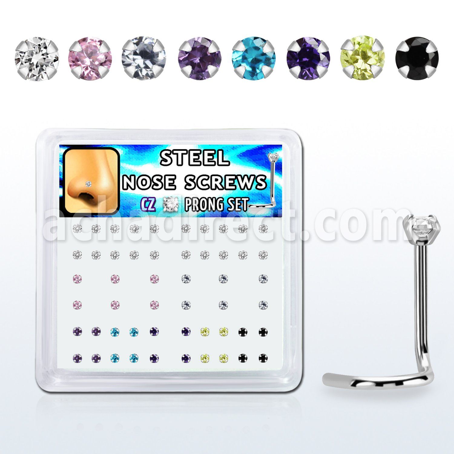 nswz2xm caja unidades piercing nariz acero quirurgico cz redonda colores variados