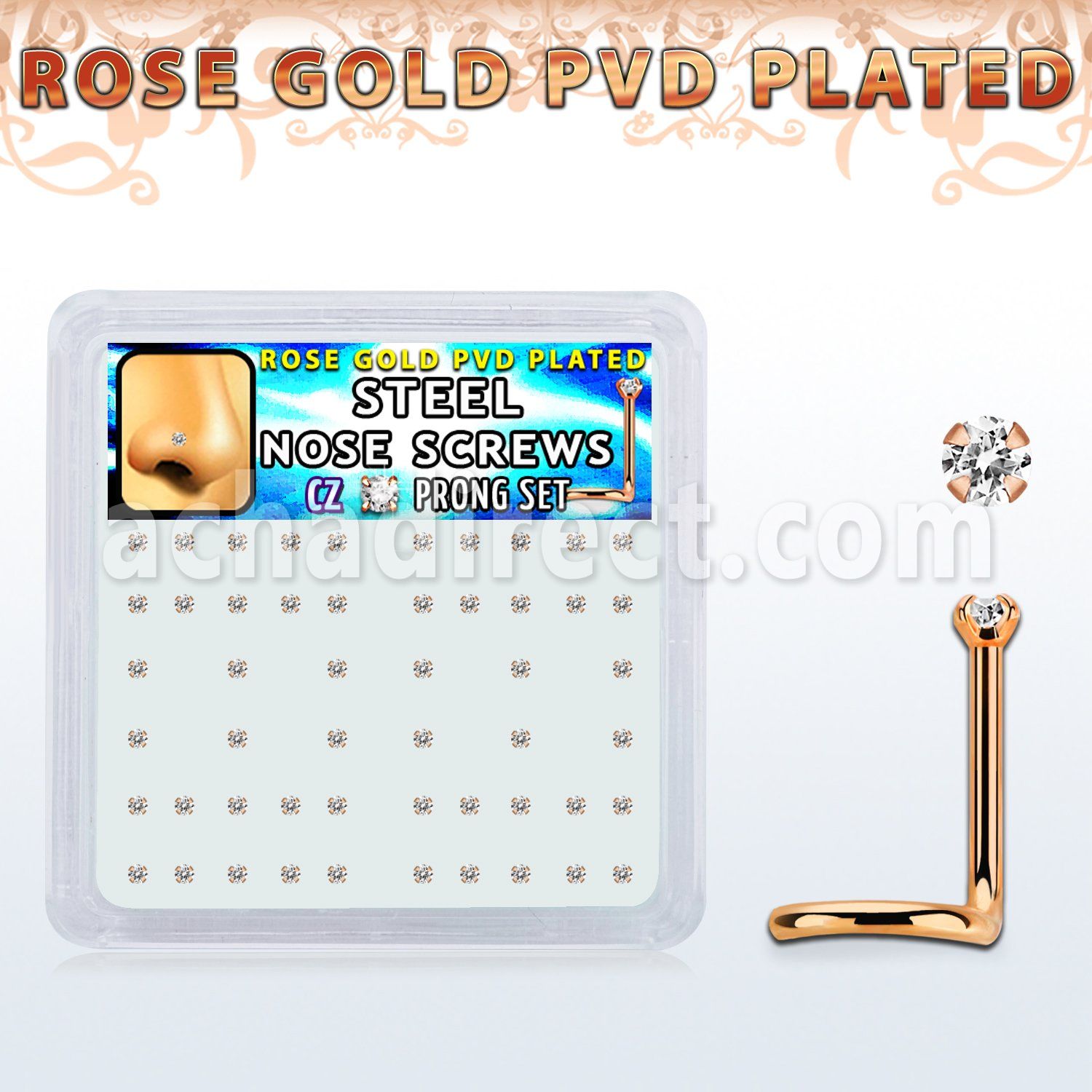 nwttz1xc caja unidades piercing nariz acero chapado pvd oro rosa cz redonda color claro