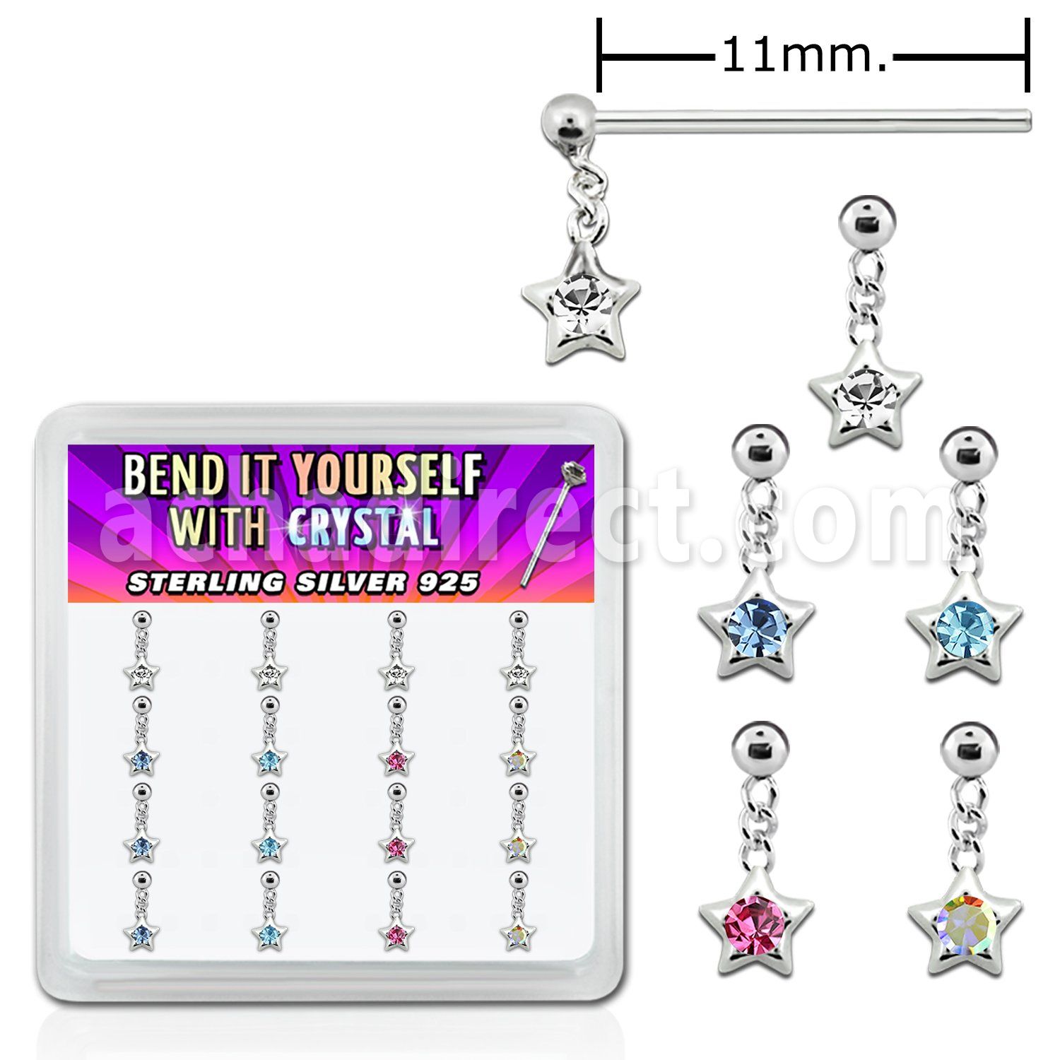 nyds16 caja display 16 piercing nariz doblar tu mismo plata esterlina 925 0 6mm estrella cristal estrella colgado al por mayor