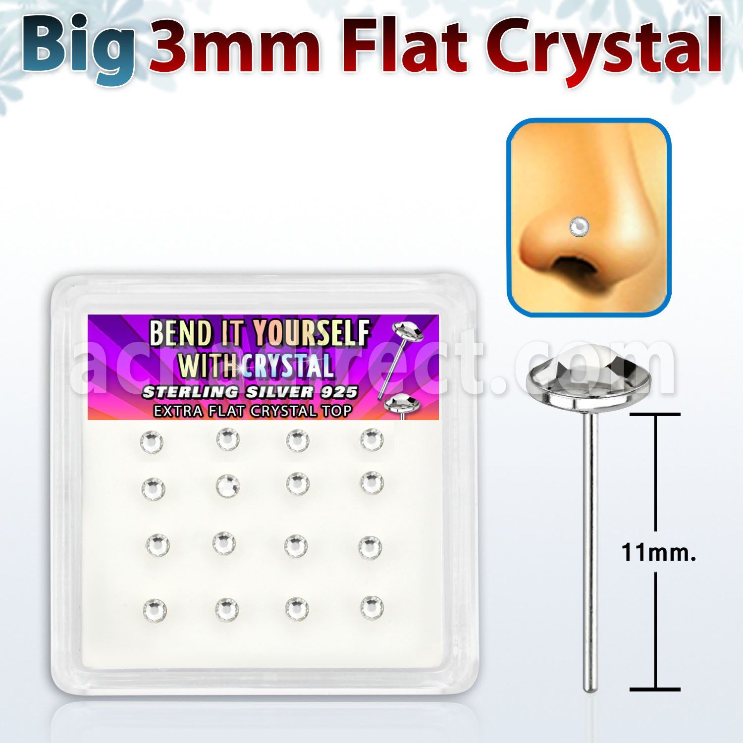 nyfb16c caja display 16 piercing nariz doblar tu mismo plata esterlina 925 0 6mm cristal claro redondo extra plano 3mm al por mayor