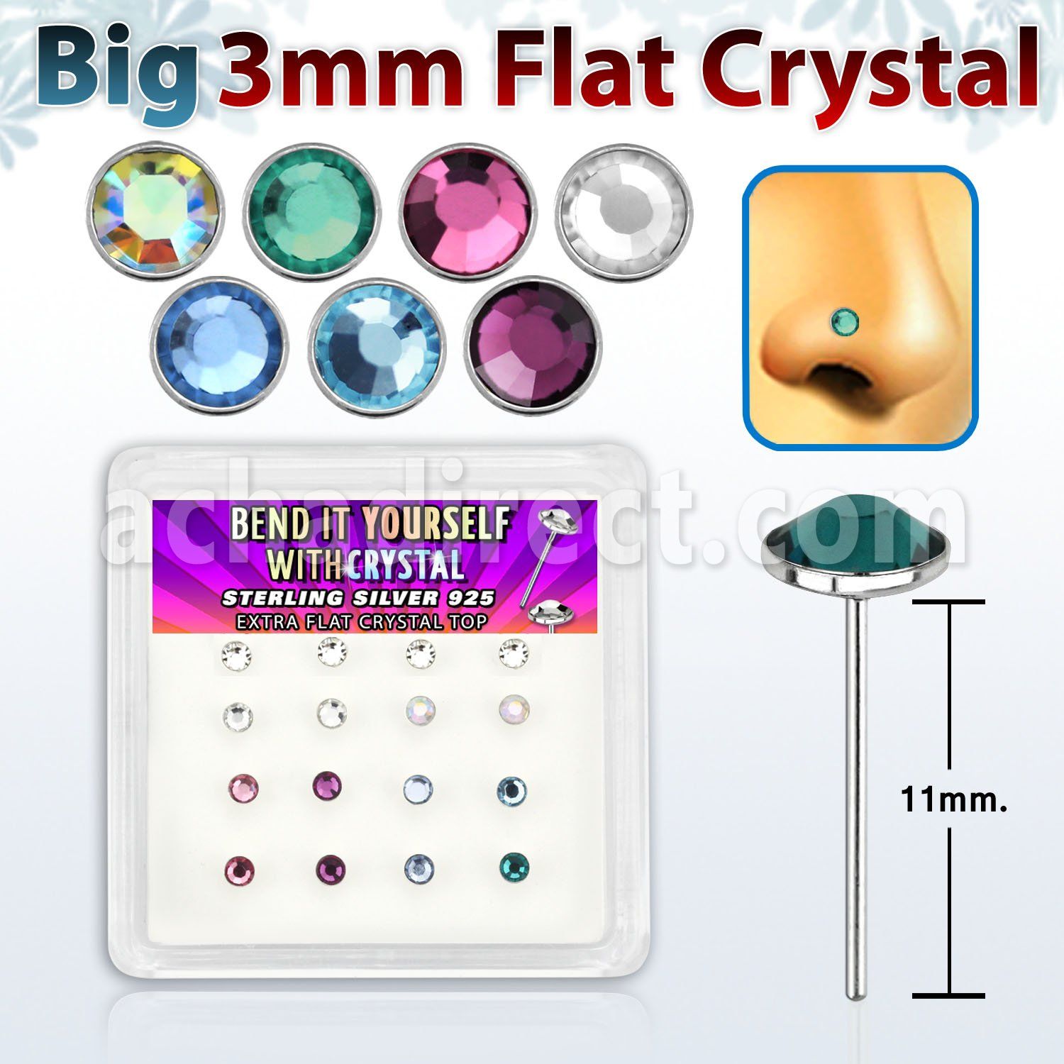 nyfb16m caja display 16 piercing nariz doblar tu mismo plata esterlina 925 0 6mm cristal redondo extra plano 3mm al por mayor