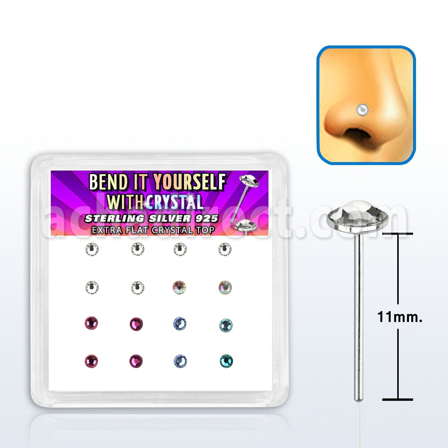 nyfbs16m caja display 16 piercing nariz doblar tu mismo plata esterlina 925 0 6mm cristal redondo extra plano 2 5mm mayorista