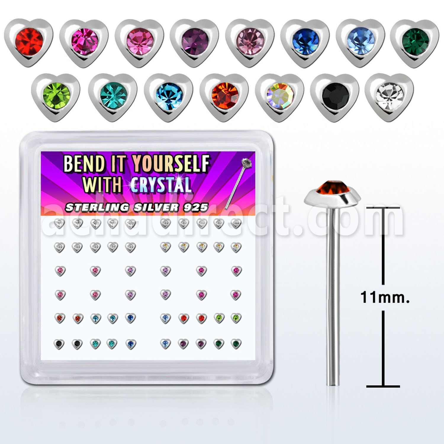 nyhrbxm caja display piercing nariz doblar tu mismo plata esterlina 925 0 6mm corazon cristal centro redondo al por mayor