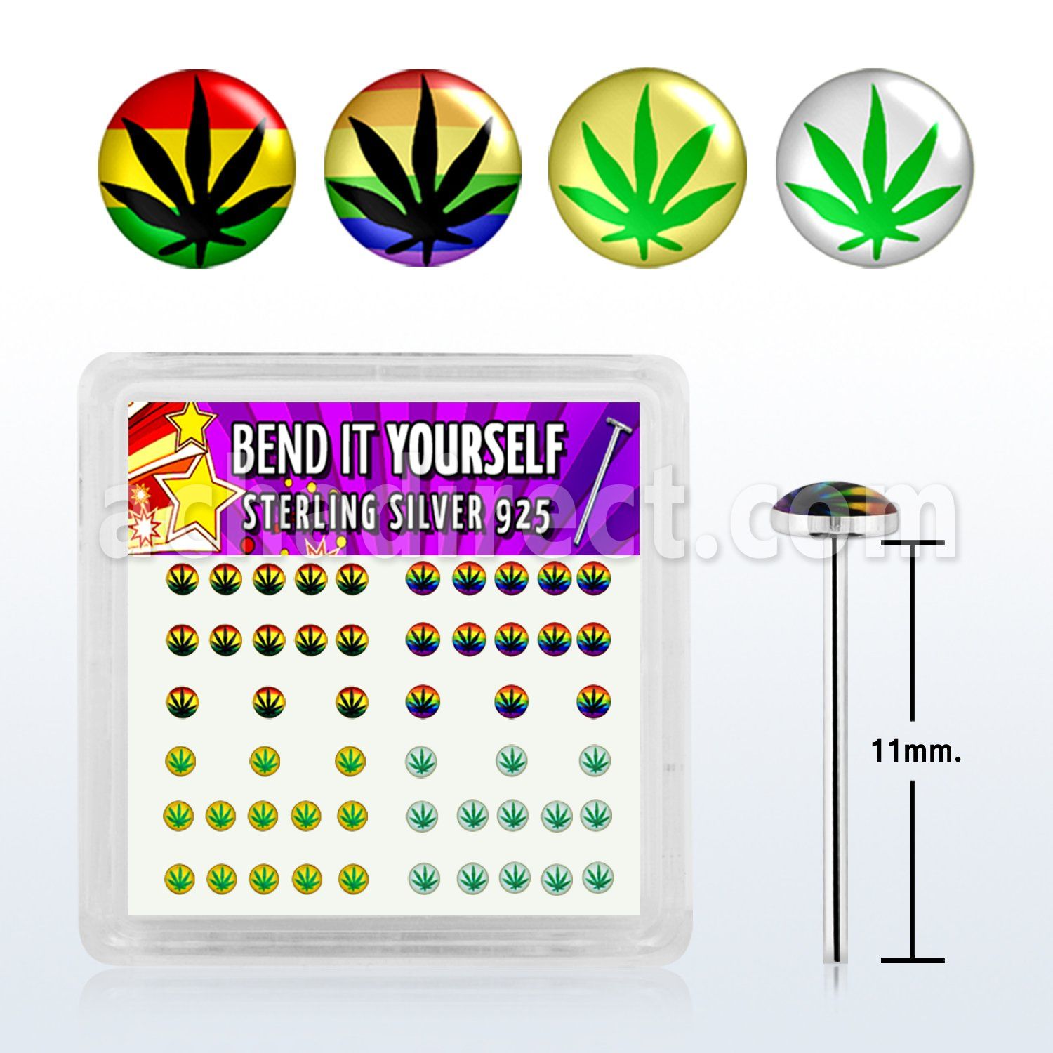 nylgx1 caja display piercing nariz doblar tu mismo plata esterlina 925 0 6mm disenos variados logo marihuana distribuidor mayorista