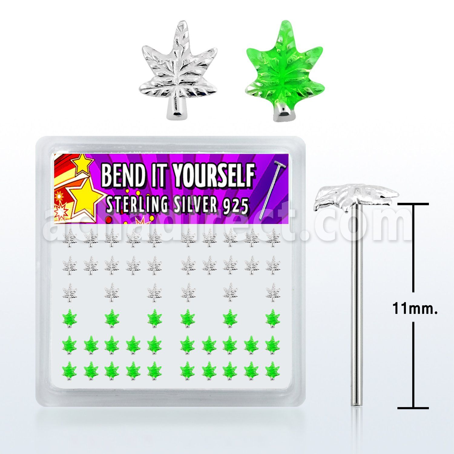 nyma caja display piercing nariz doblar tu mismo plata esterlina 925 0 6mm hojas marihuana color verde plata lisa distribuidor