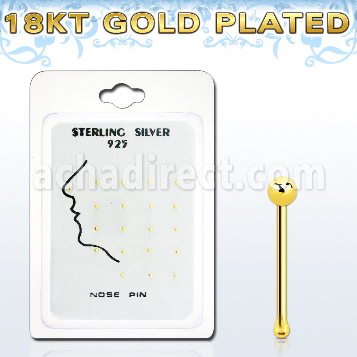 p18kgb pack display 20 piercing nariz hueso 925 oro 18 kts 0 6mm bola 1 5mm distribuidor