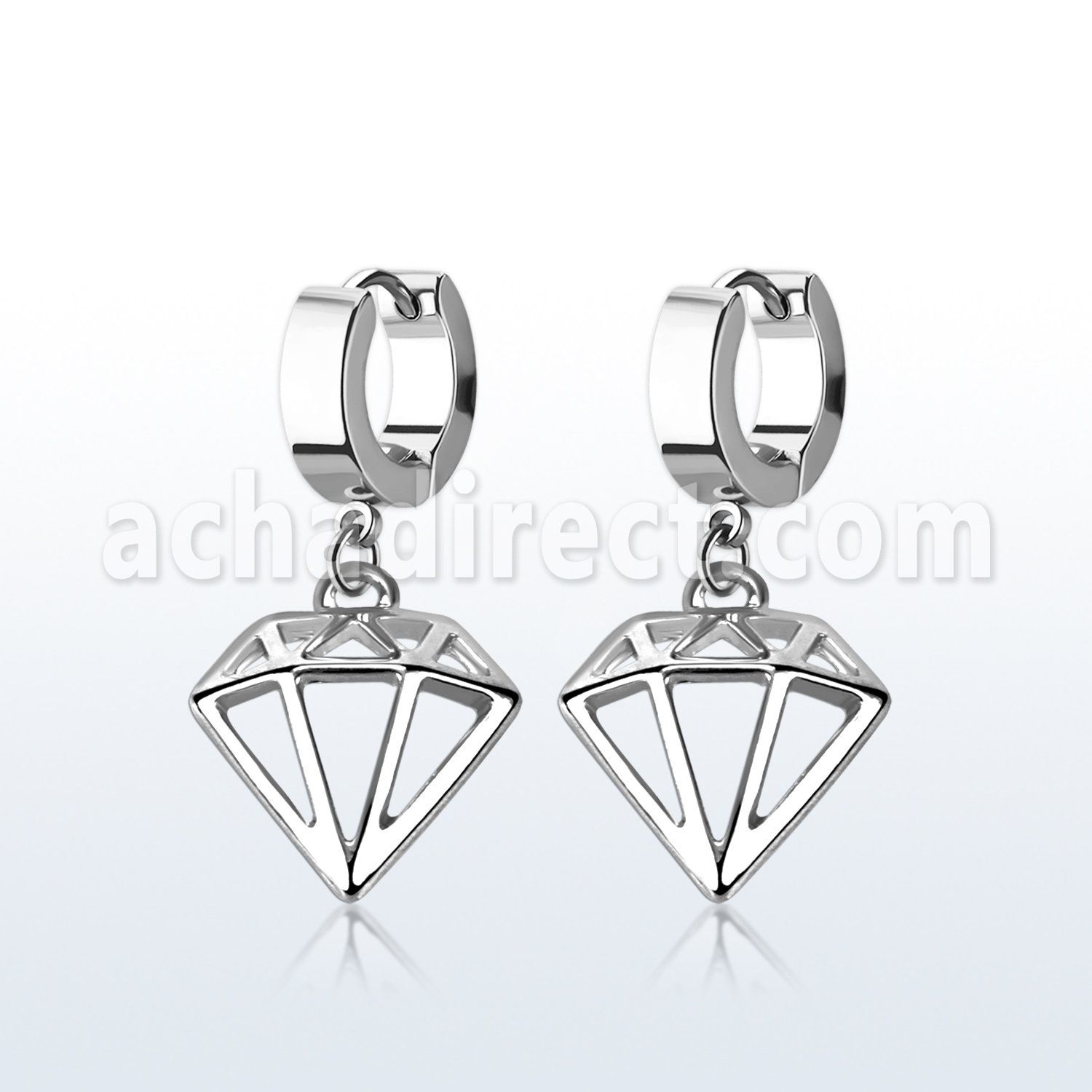 pair of stainless steel huggies w diamond dangling 