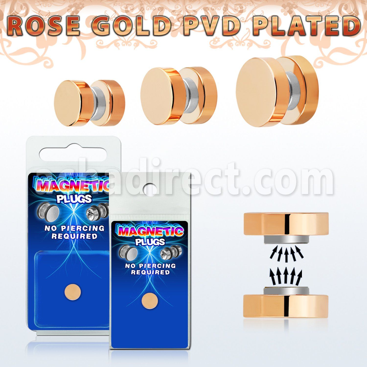 pkmp121 plug falso magnetico acero 316l anodizado oro rosa anillos goma 1 pieza al por mayor