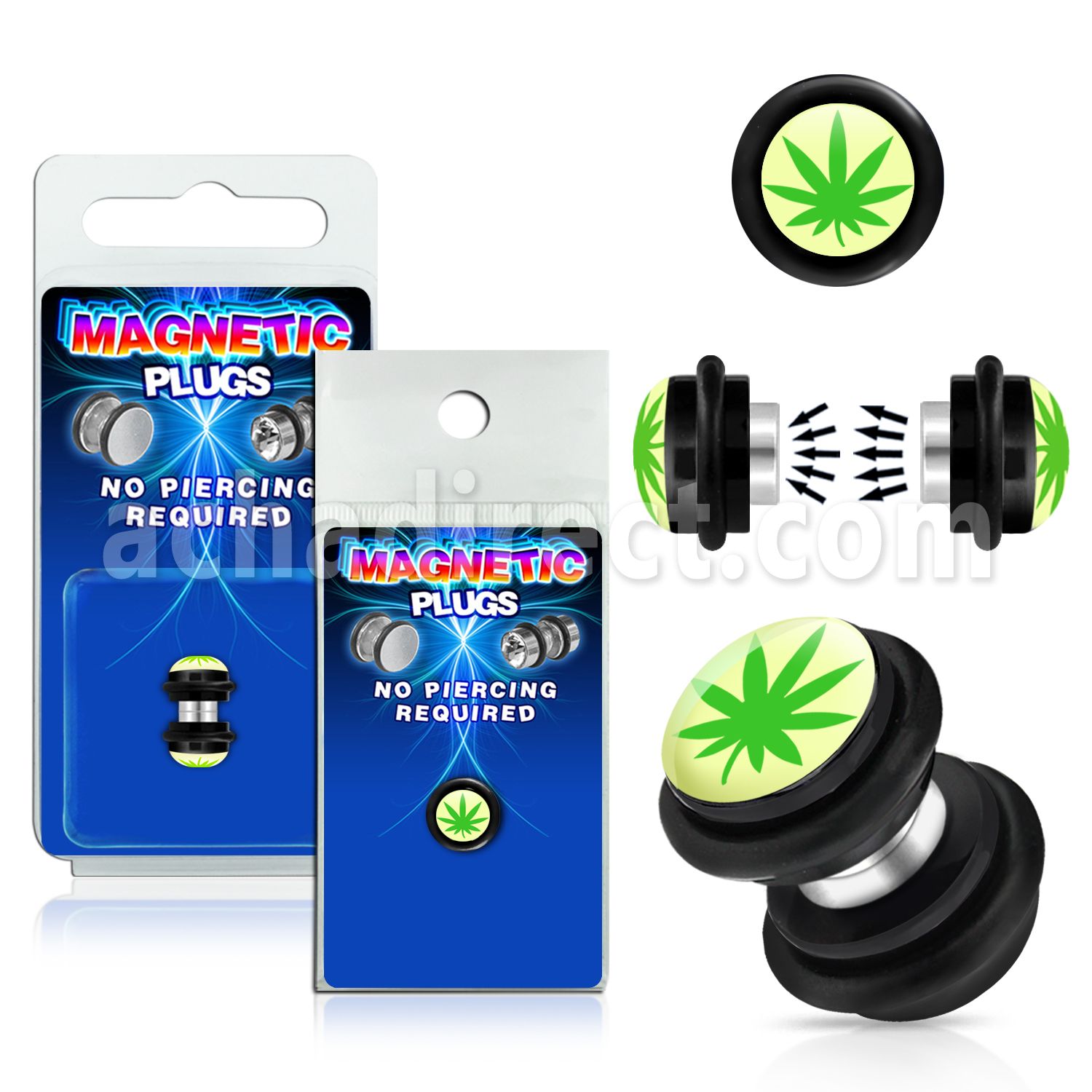 pkmp67 plug falso magnetico acrilico negro logo marihuana verde fondo blanco anillos goma 8mm 1 pieza al por mayor