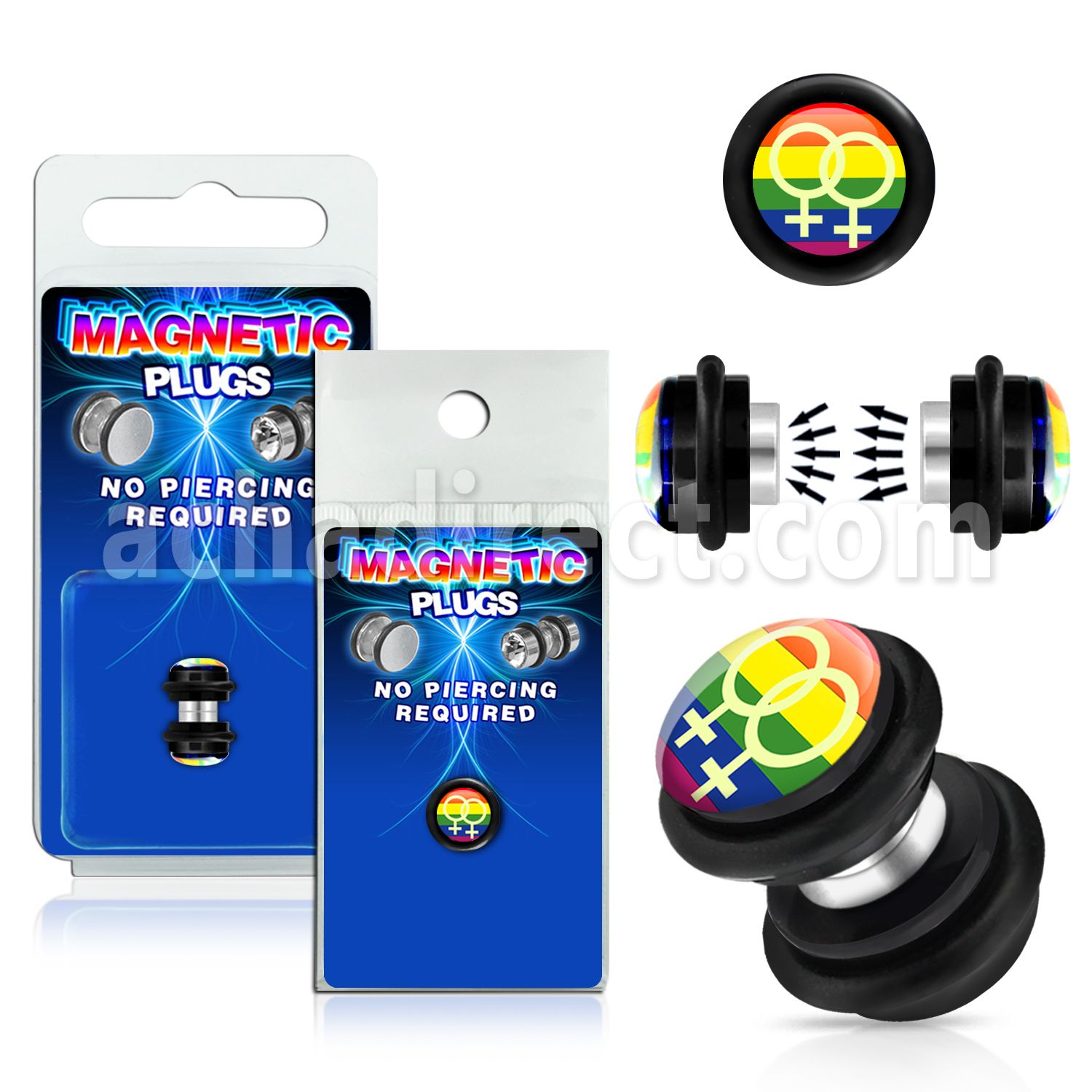 pkmp73 plug falso magnetico acrilico negro logo femenino doble sobre rayas arcoiris anillos goma 8mm 1 pieza distribuidor mayorista