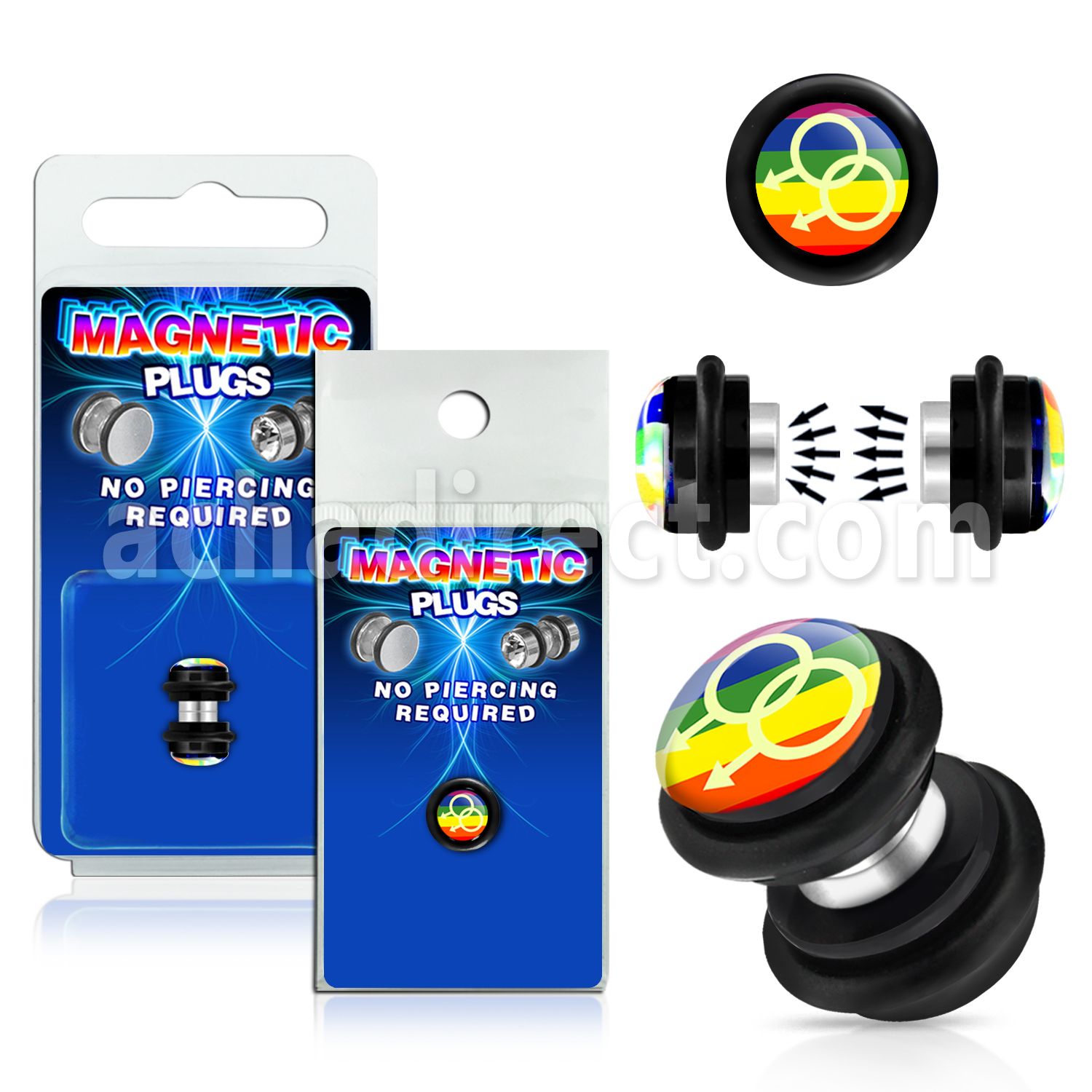 pkmp74 plug falso magnetico acrilico negro logo masculino doble sobre rayas arcoiris anillos goma 8mm 1 pieza venta