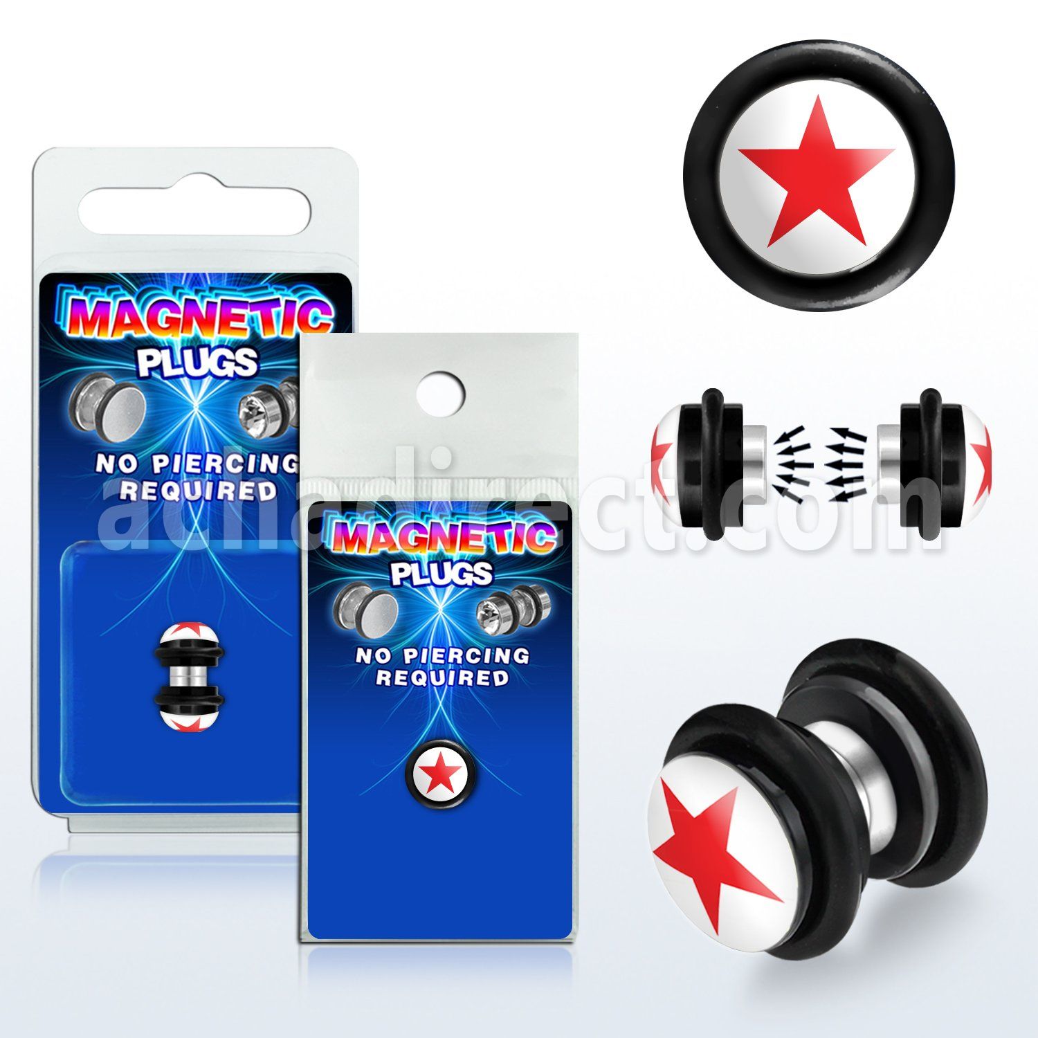 pkmp79 plug falso magnetico acrilico negro logo estrella roja fondo blanco anillos goma 8mm 1 pieza distribuidor