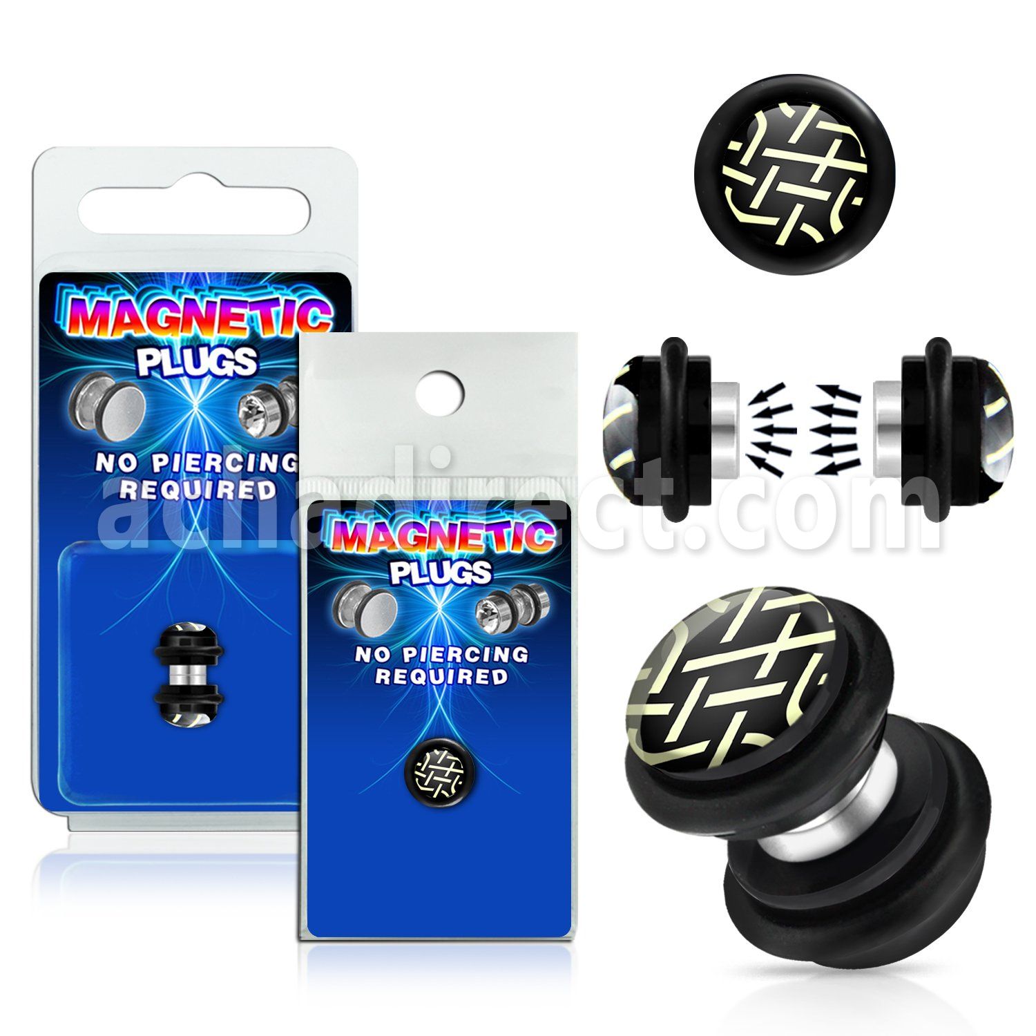 pkmp84 plug falso magnetico acrilico negro olas negras fondo blanco anillos goma 8mm 1 pieza mayorista
