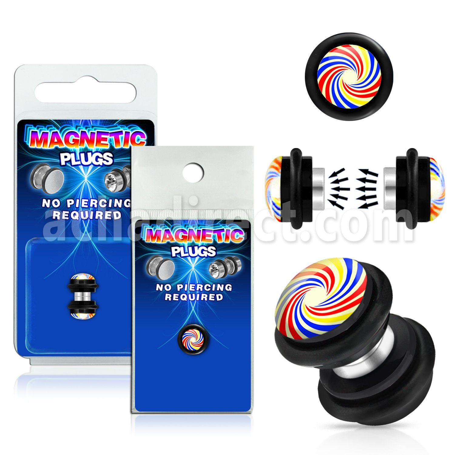 pkmp86 plug falso magnetico acrilico negro logo espiral multi color anillos goma 8mm 1 pieza mayorista