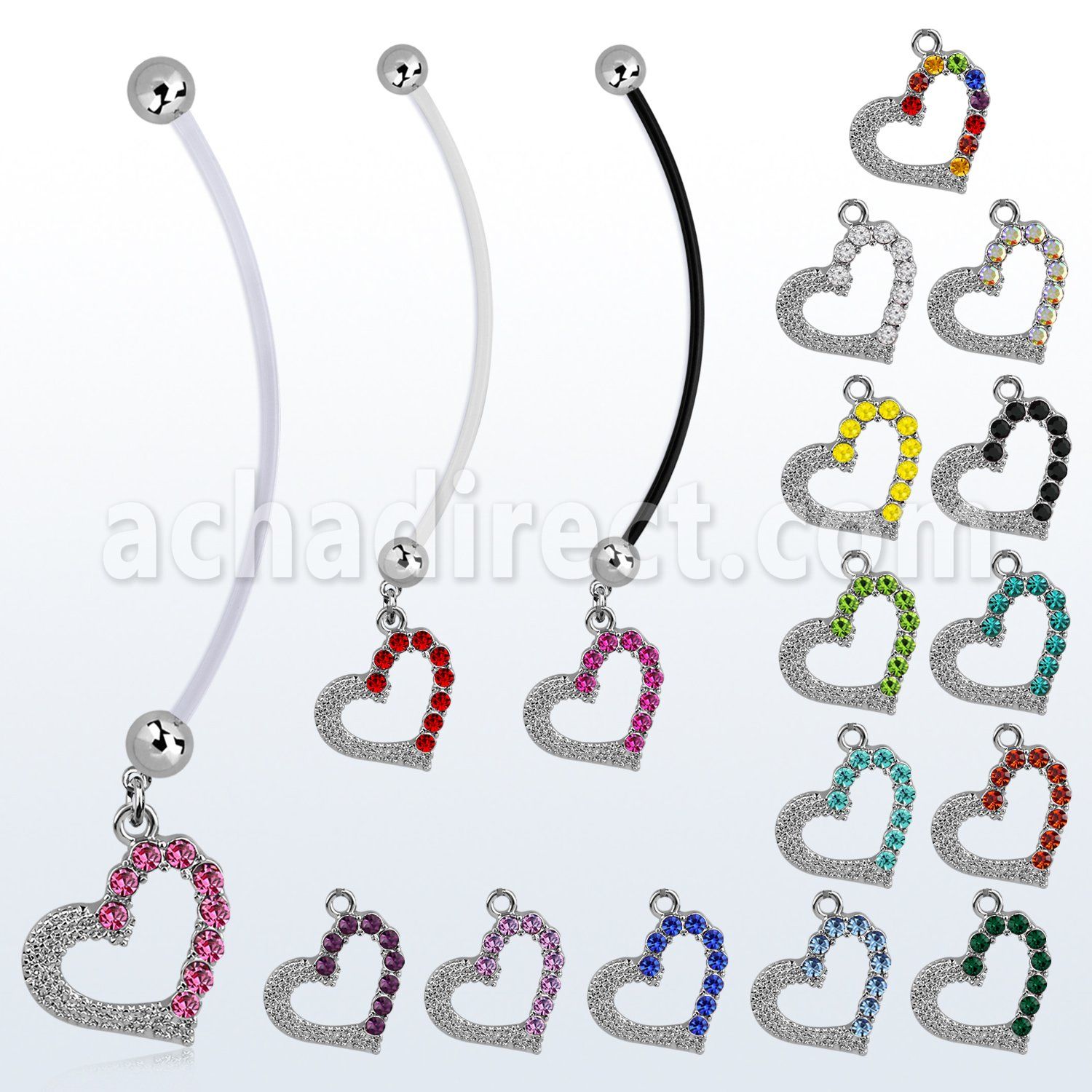 pndhrc4 piercing ombligo embarazada bolas 5mm acero colgante cristal tachonado corazon inclinado longitud 50mm mayorista