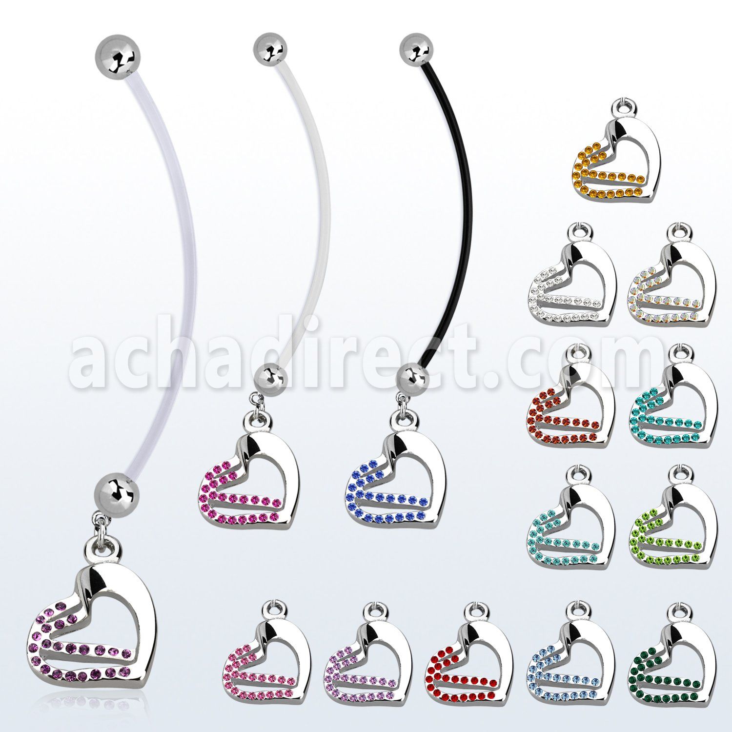 pndhrc5 piercing ombligo embarazada bolas 5mm acero colgante corazon doble cristal longitud 50mm mayorista