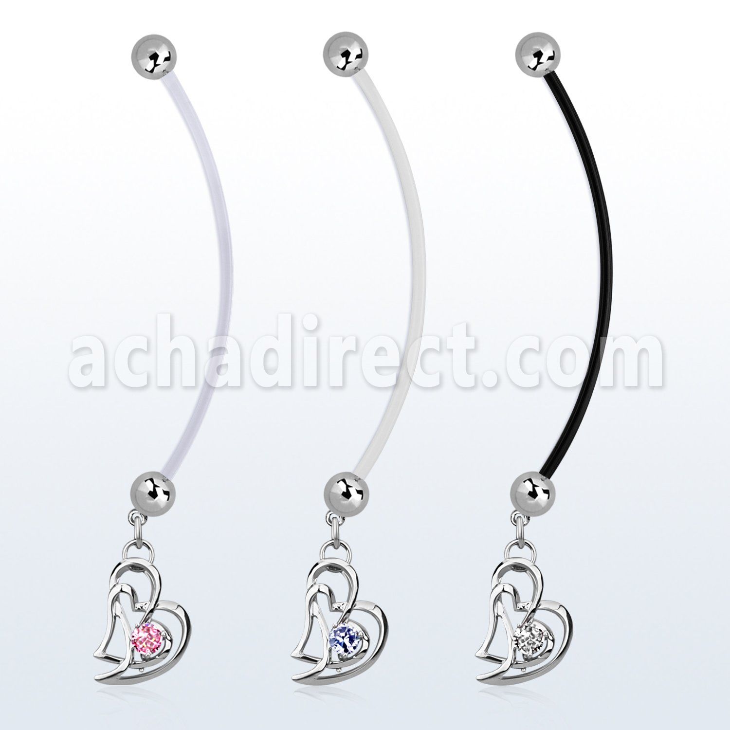 pndz373 piercing ombligo embarazada bolas 5mm acero colgante corazon doble zirconita redonda longitud 50mm al por mayor