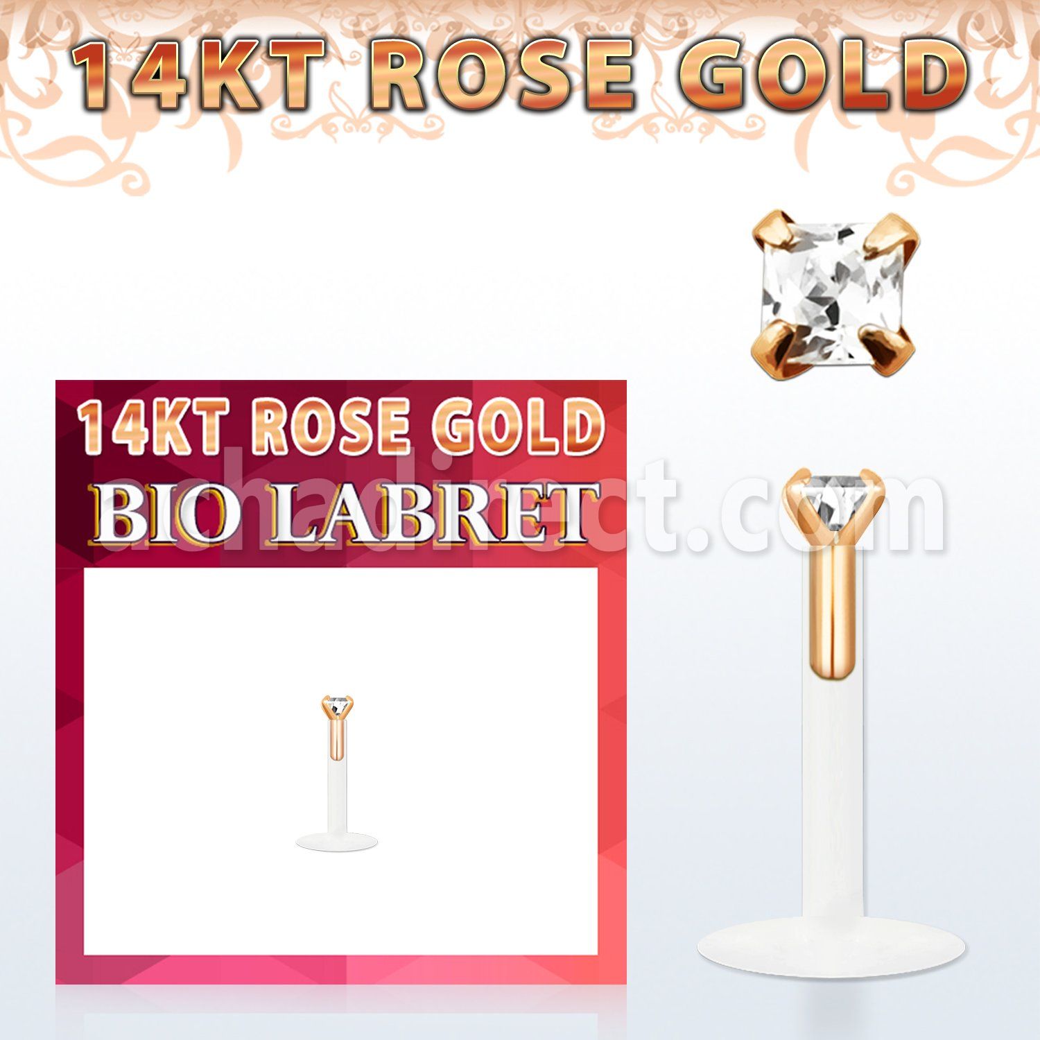 rbizqc labret bio flexible transparente oro rosa 14 kts presion zirconia cuadrada 2mm al por mayor