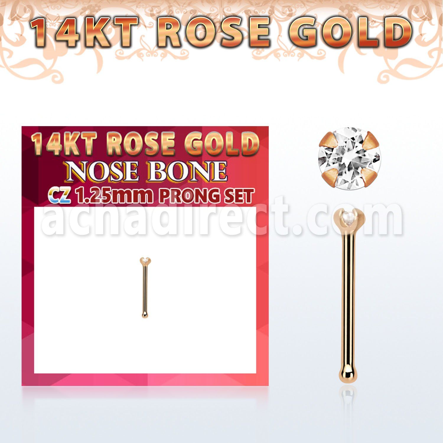 rbzm12 piercing nariz hueso oro rosa 14 kts 0 6mm zirconia redonda clara 1 25mm distribuidor mayorista