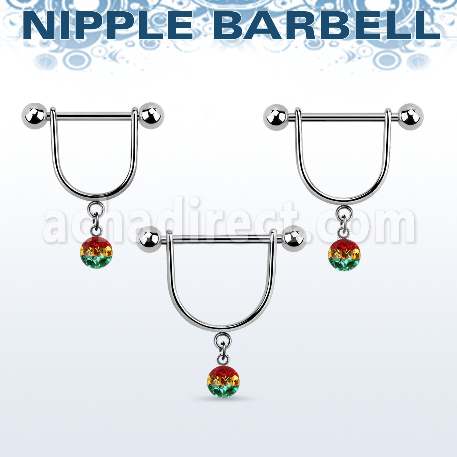 rfrsnp6 barbell pezon estribo acero quirurgico bolas 5mm bola 6mm multi cristal rayas colores rasta al por mayor