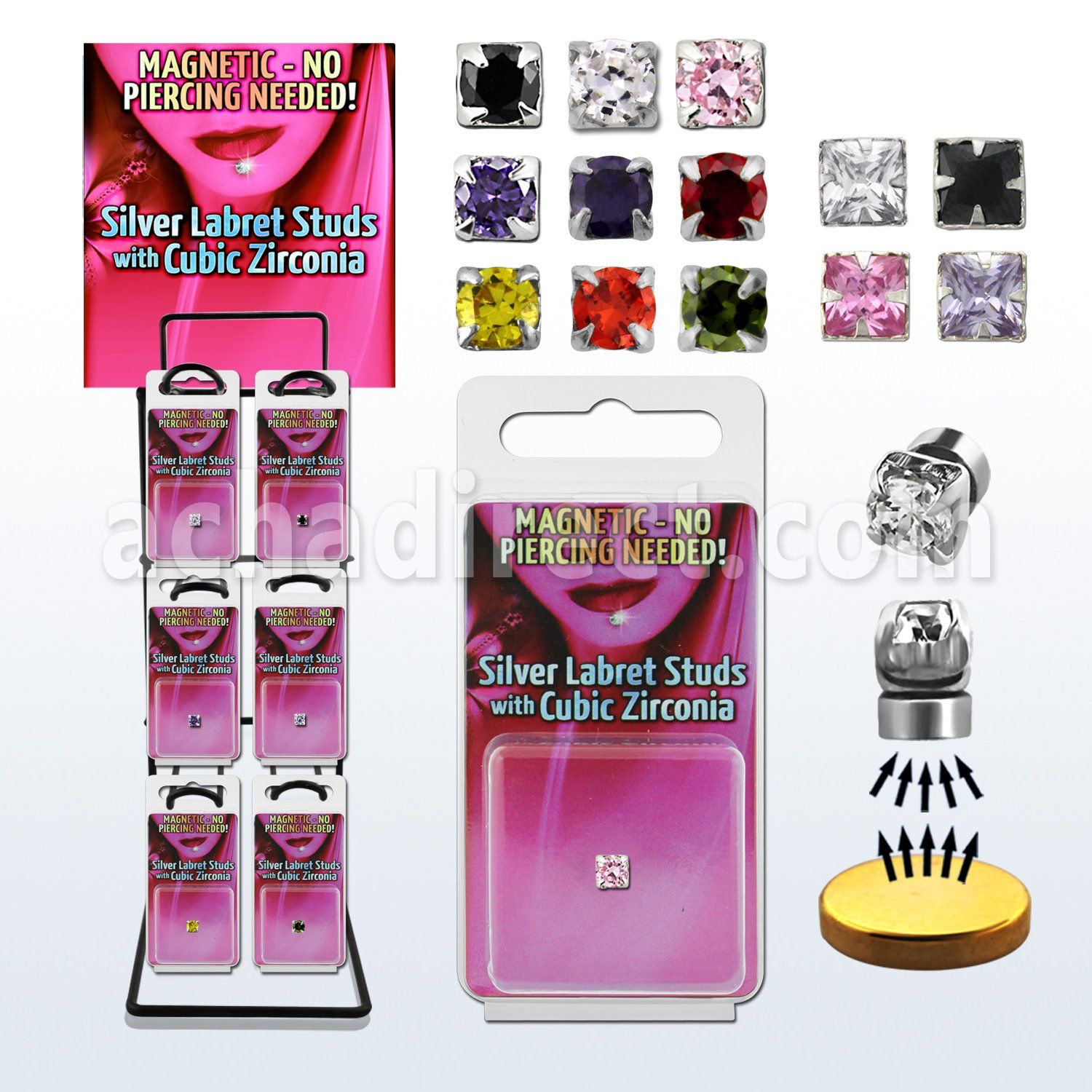 rkpkmz estante 72 piercings labret magneticos plata variados con zirconia redonda 3mm zirconia cuadrada 4mm venta