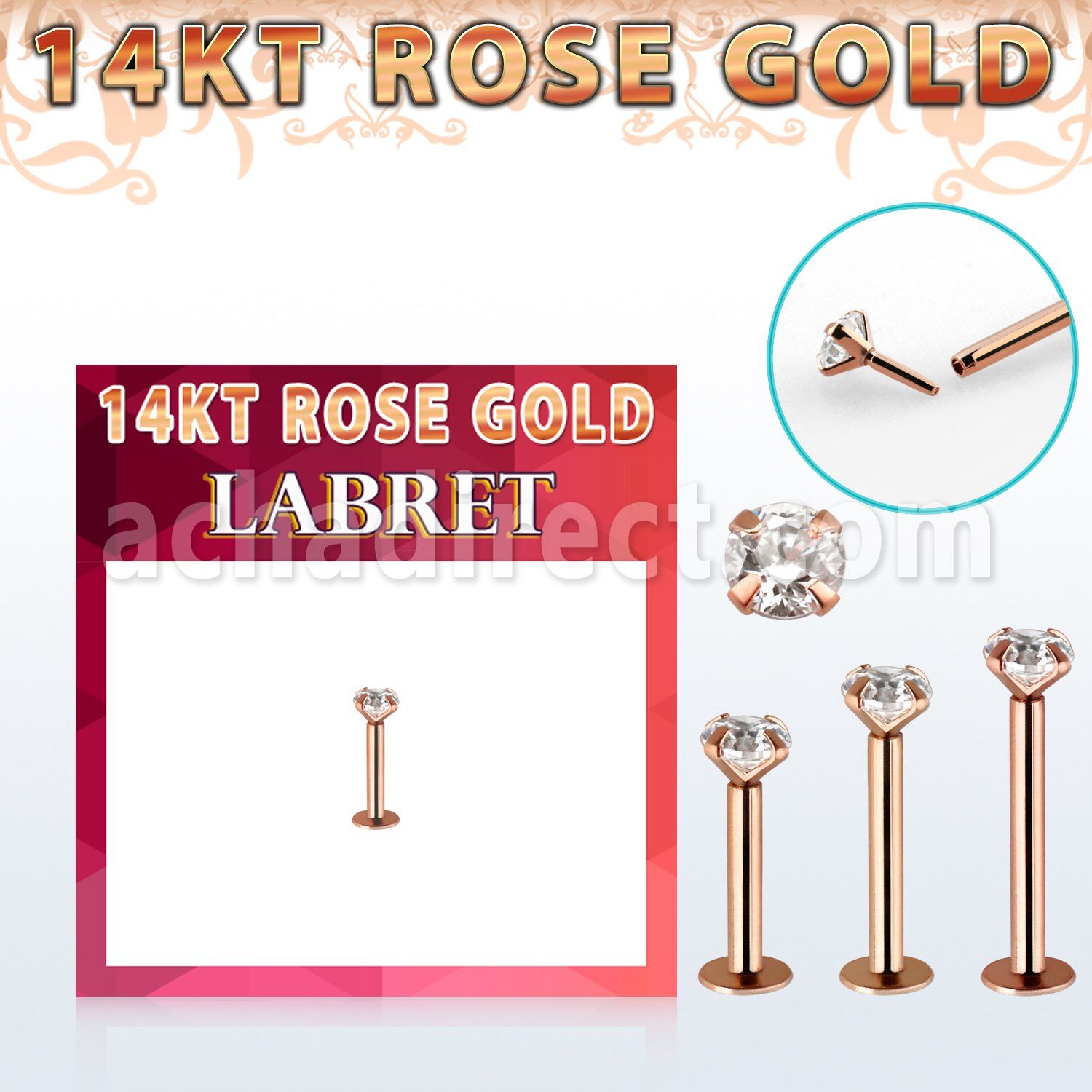 rlbz labret oro rosa 14 kts rosca presion zirconia clara 3mm distribuidor