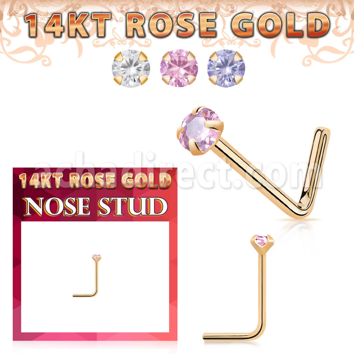 rnsczm15 14k rose gold nose stud 22g round color cz