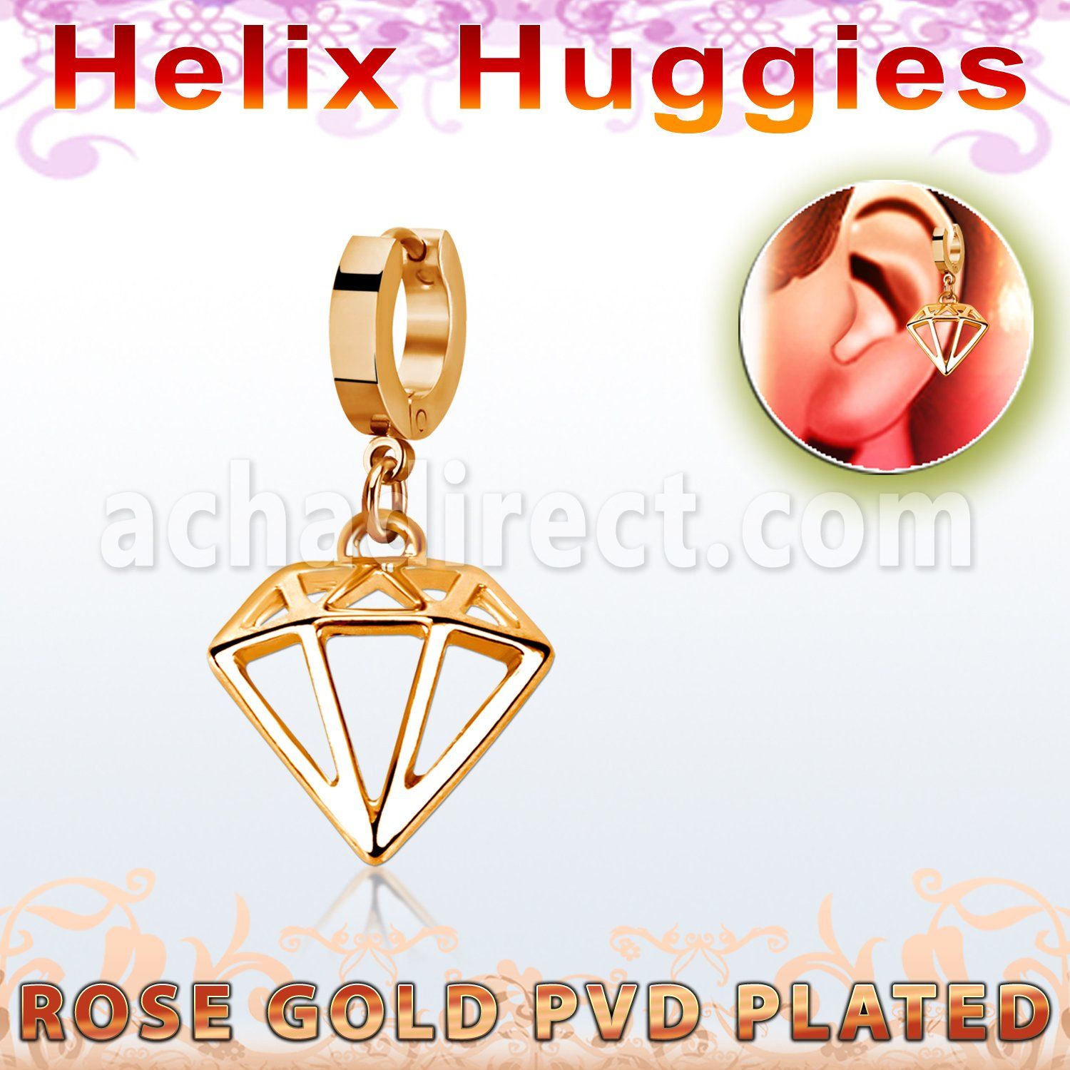 rose gold steel helix huggie w a diamond dangling 