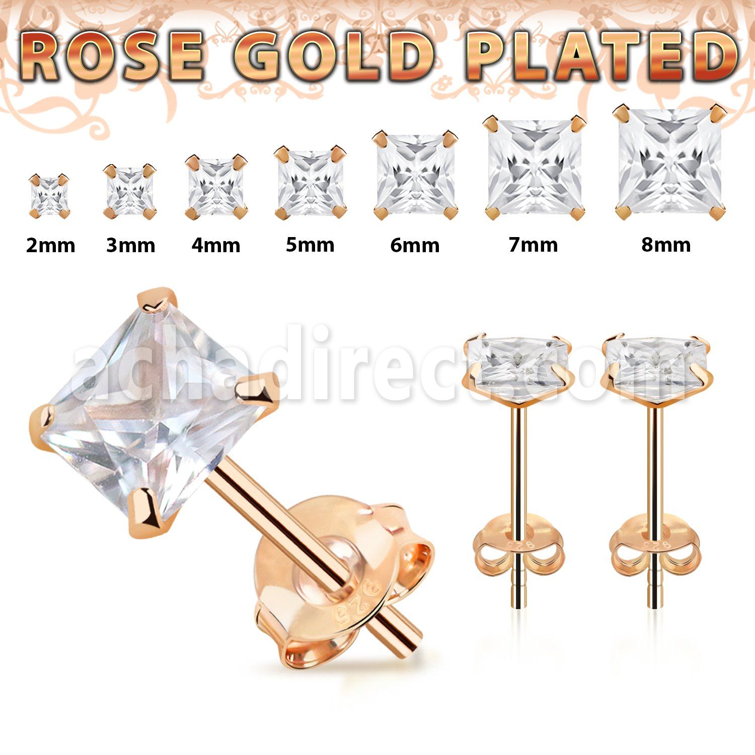 rpqz one pair rose gold plated silver ear studs square cz