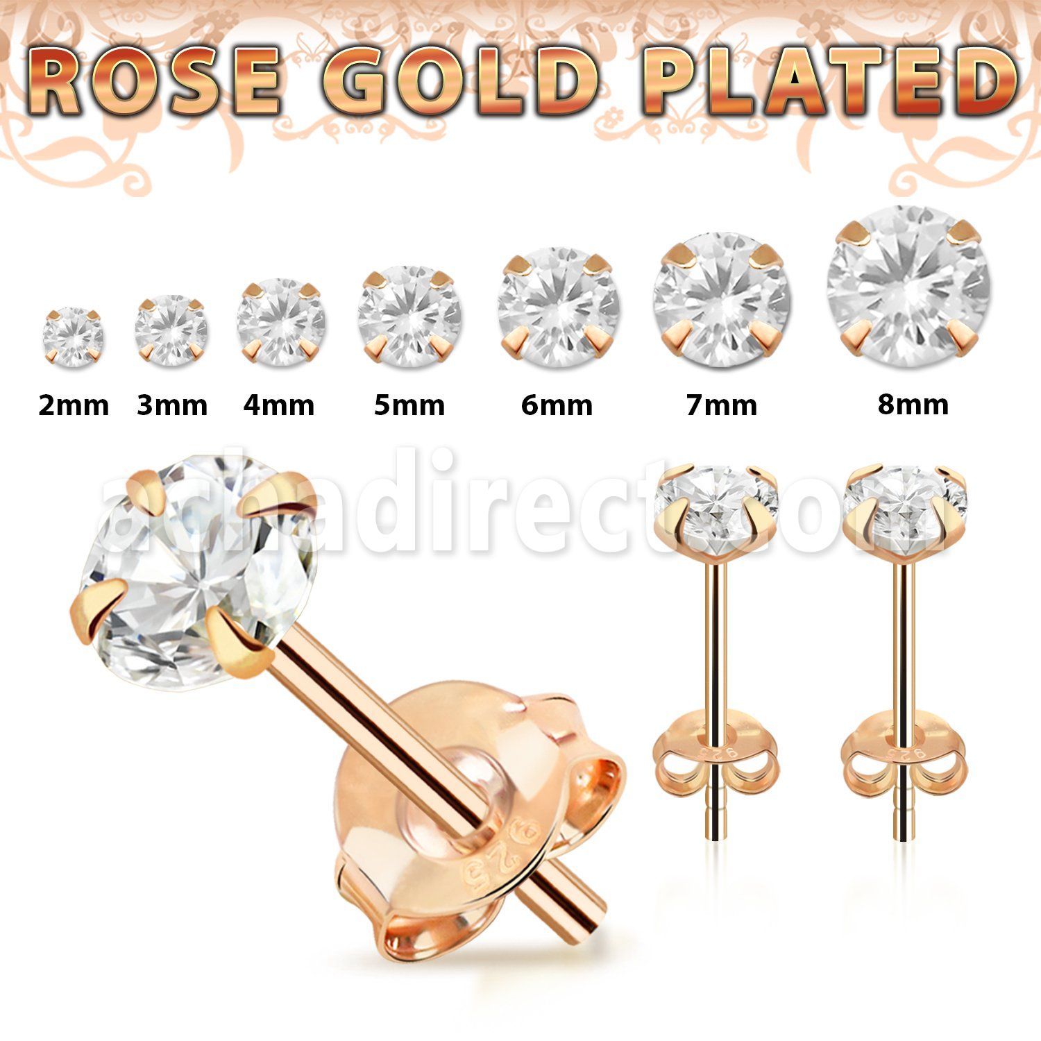 rprz one pair rose gold plated silver ear studs cz
