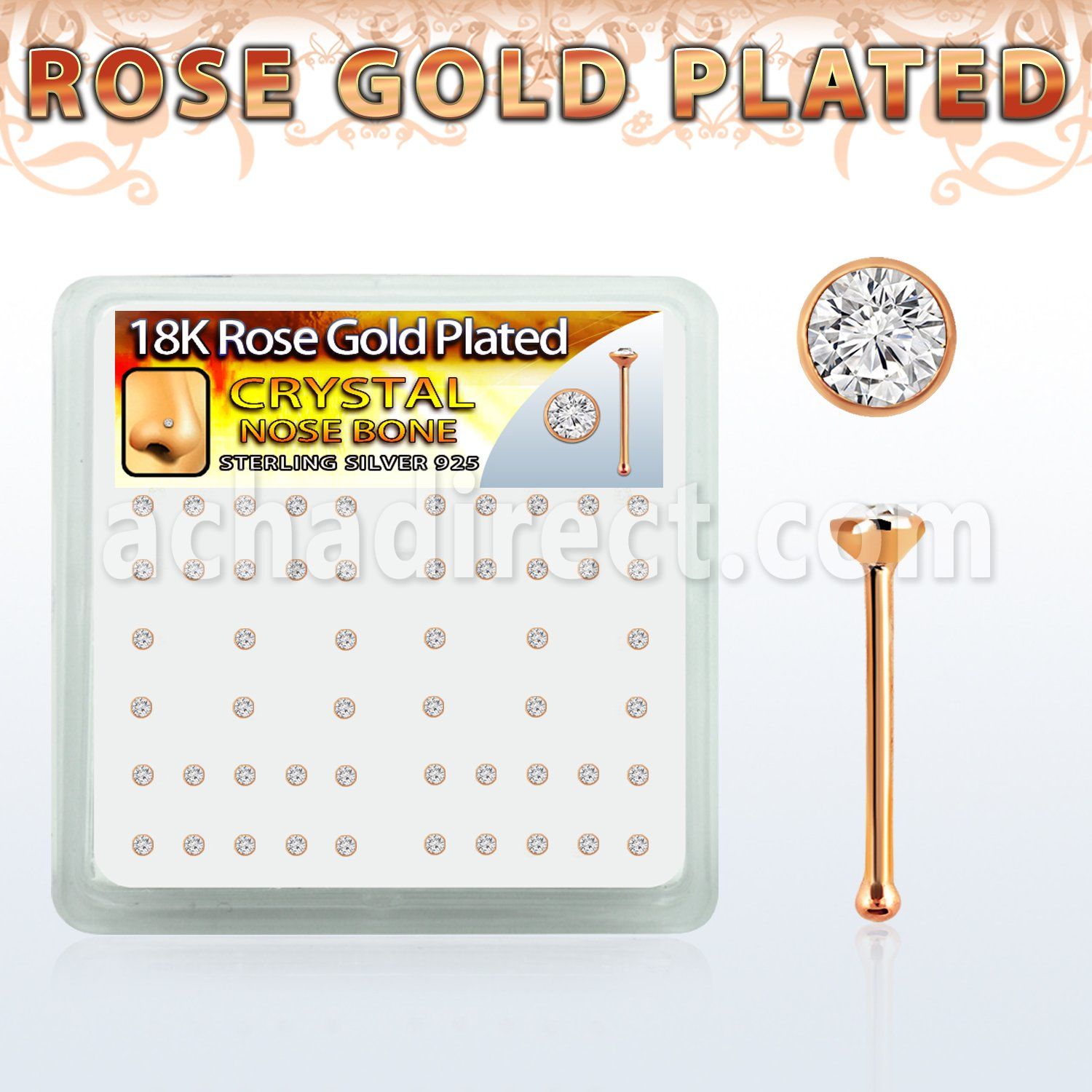rsb14xc caja display piercing nariz hueso plata 925 0 6mm oro rosa cristal claro 2mm distribuidor