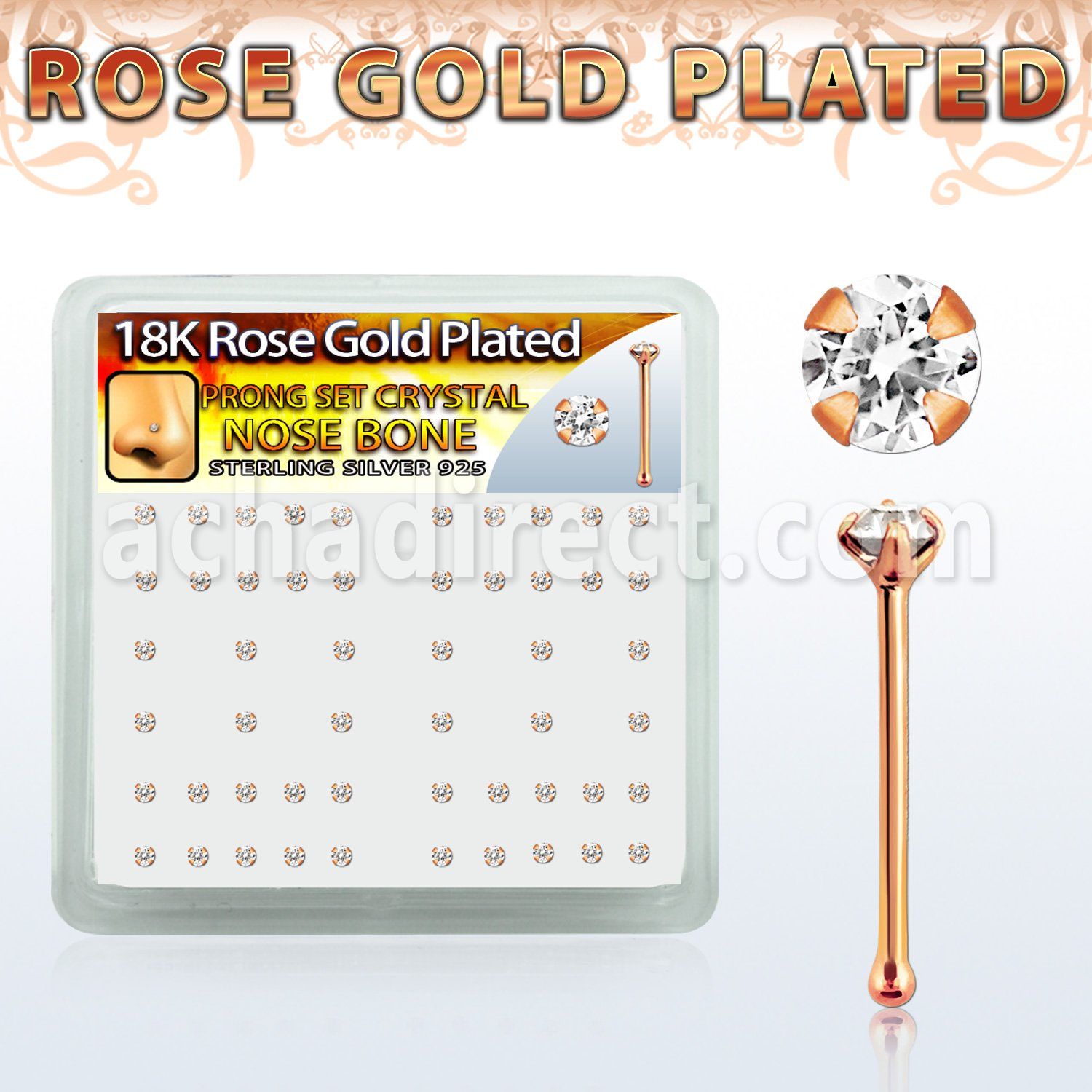 rsbp14xc caja display piercing nariz hueso plata esterlina 0 6mm oro rosa cristal redondo claro 2mm distribuidor