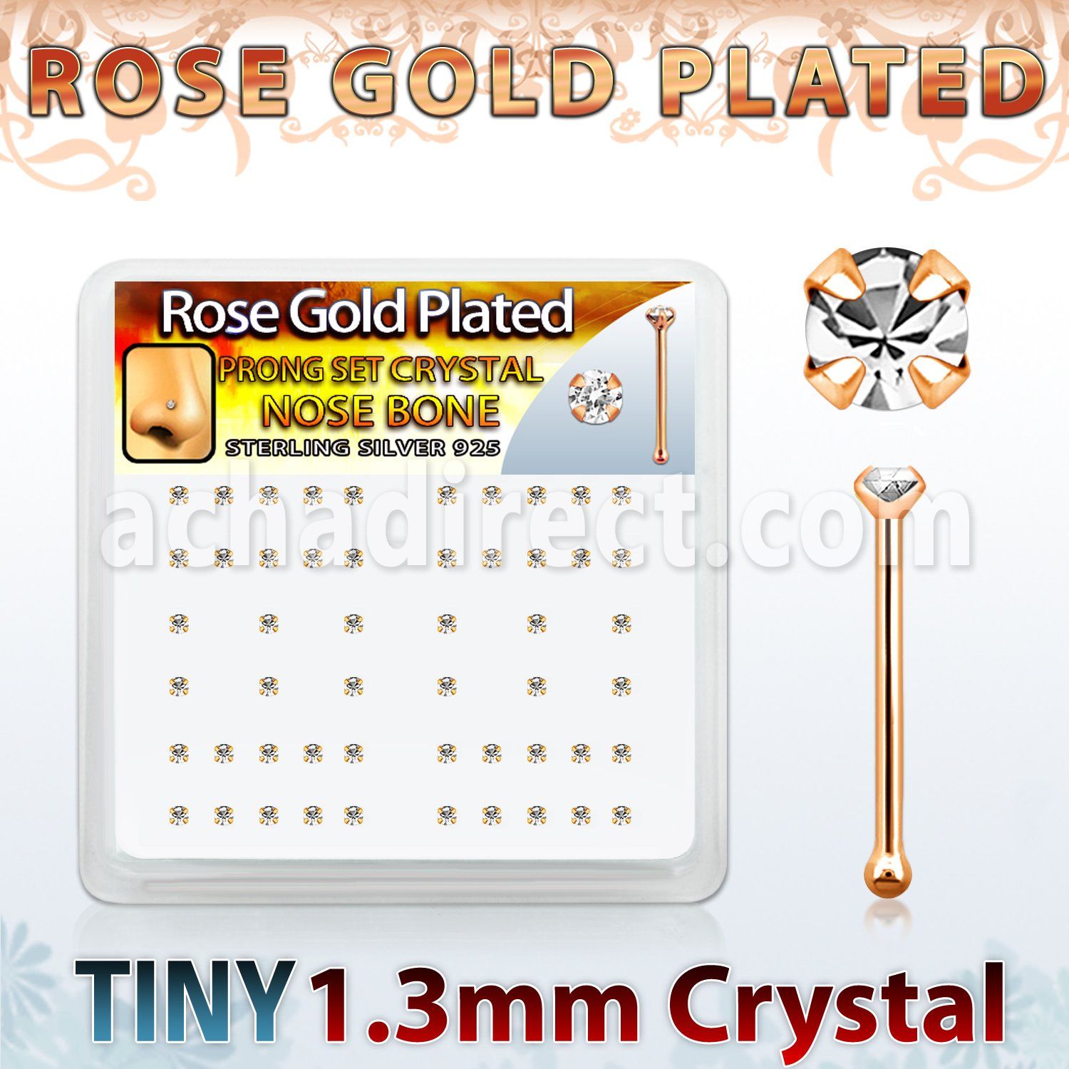 rsbp6xc caja display piercing nariz hueso plata esterlina 0 6mm oro rosa cristal redondo claro 1 25mm distribuidor mayorista